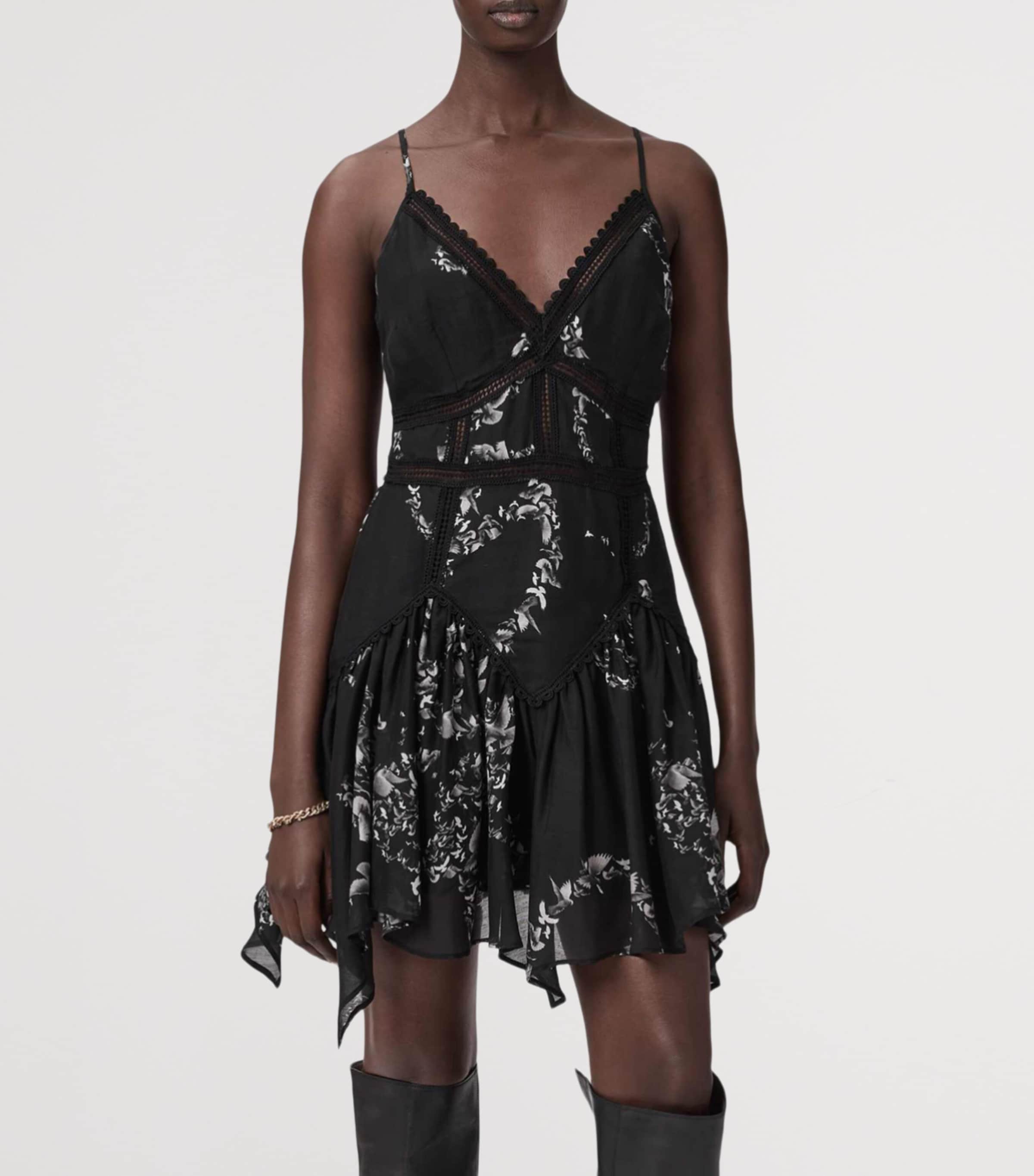 AllSaints Womens Lace-Trim Zia Mini Dress Flight Black Image 3