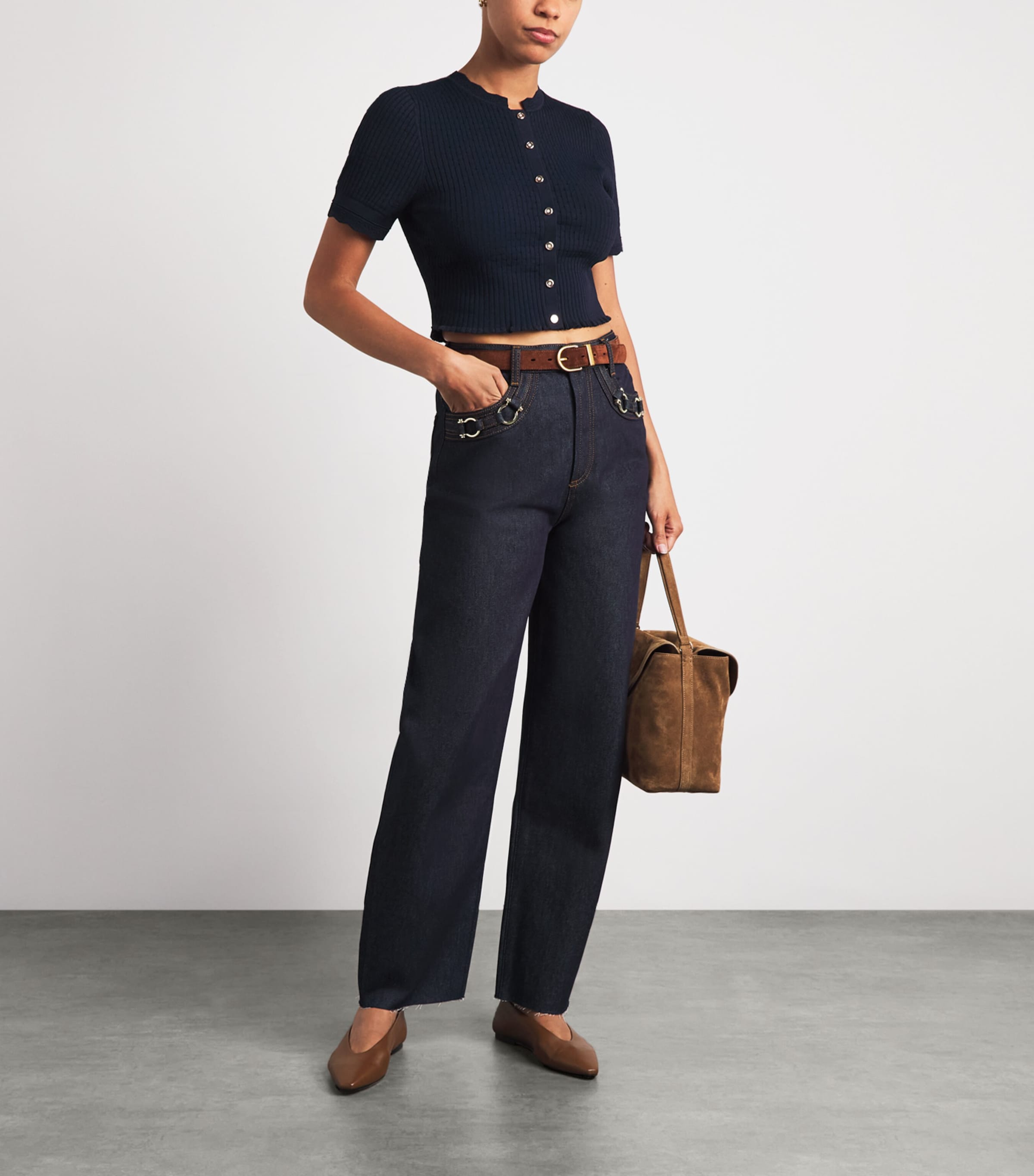 Sandro Paris Womens Rib-Knit Cropped Cardigan Navy Blue Image 2