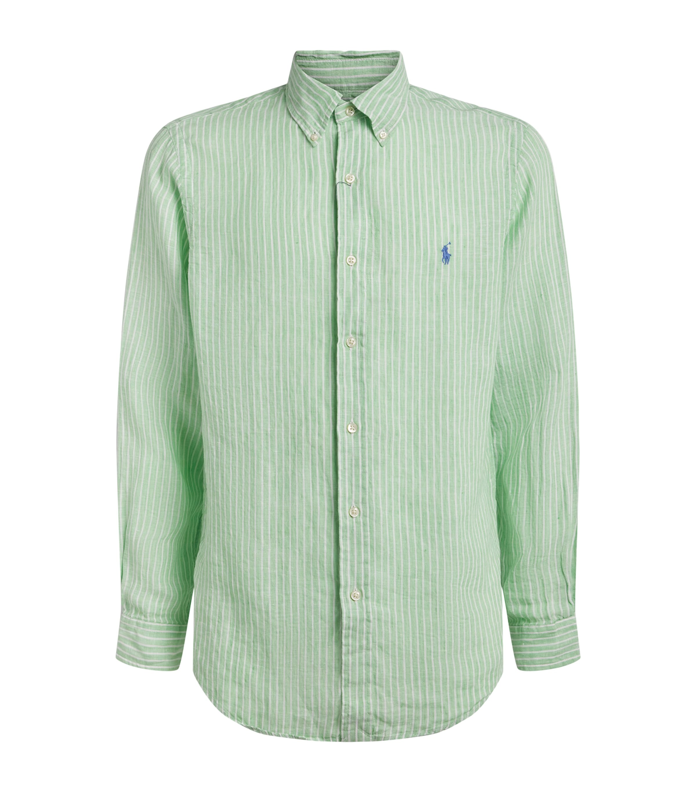 Polo Ralph Lauren Mens Linen Custom-Fit Stripe Shirt Essex Grn Whte Image 1