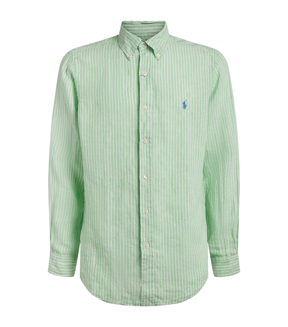 Polo Ralph Lauren Mens Linen Custom-Fit Stripe Shirt Essex Grn Whte Image 1