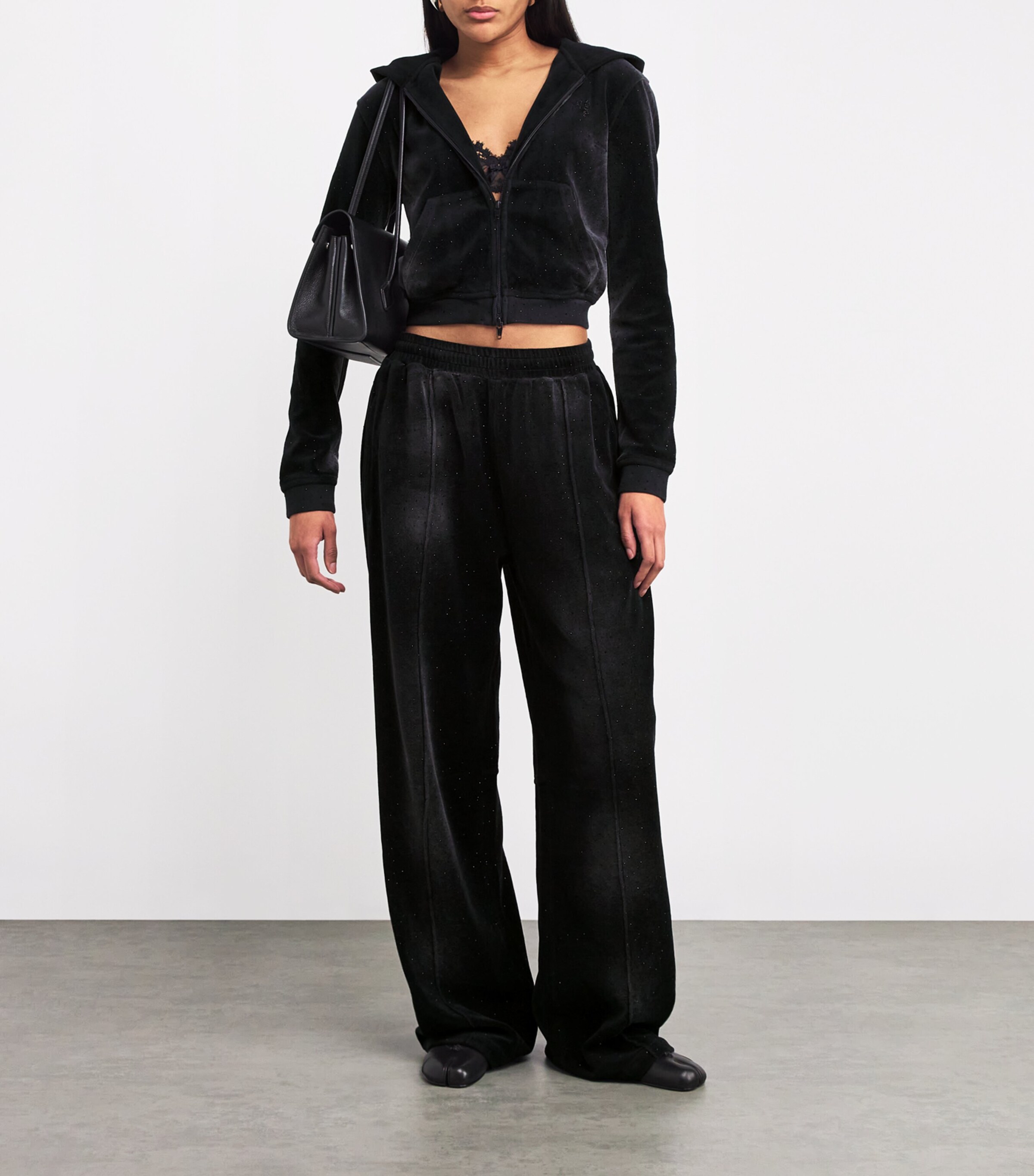 Alexander Wang Womens Velour Rhinestone Hotfix Hoodie Washed Nickel Image 2
