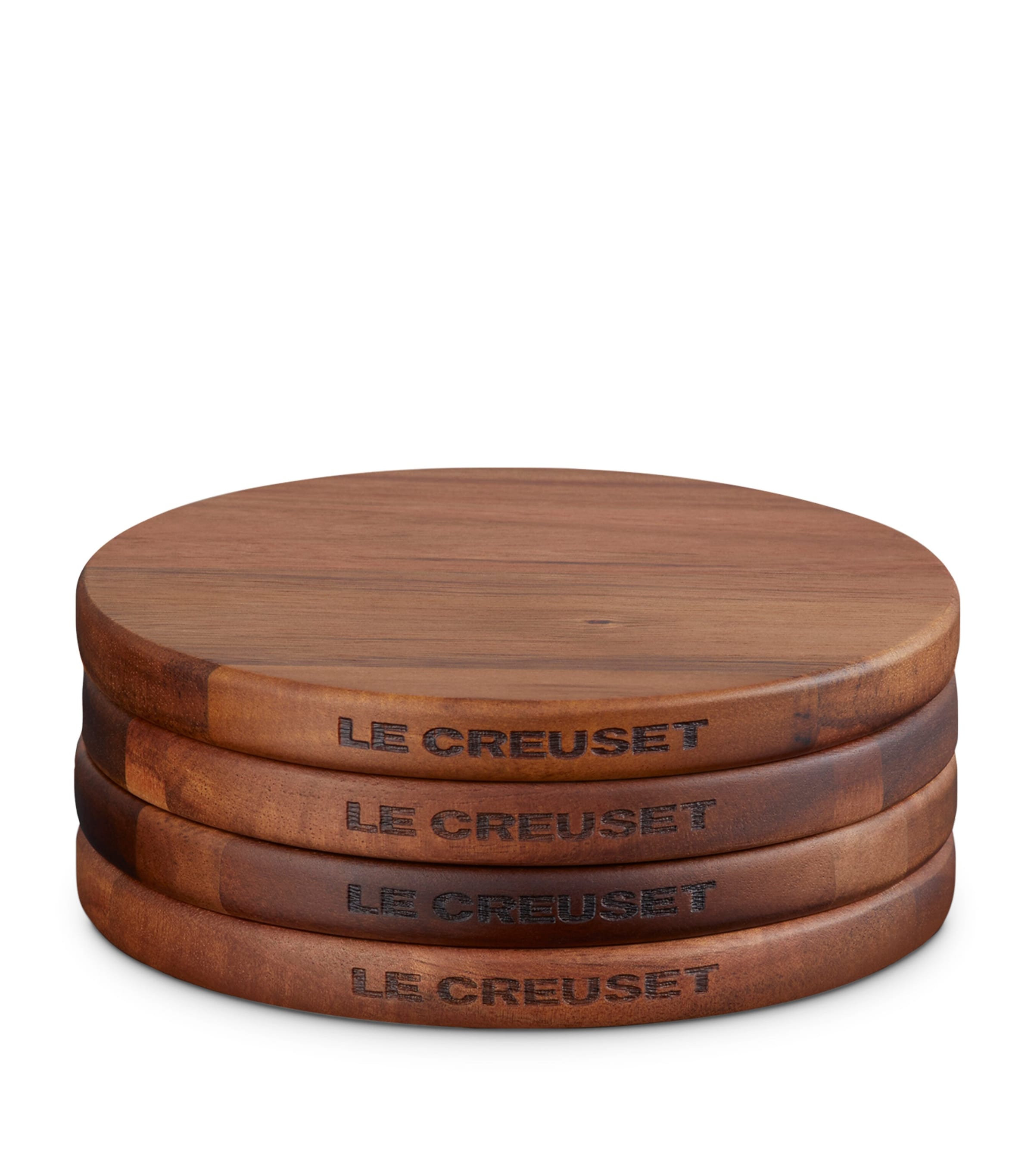 Le Creuset Set Of 4 Magnetic Round Wooden Trivets In Brown