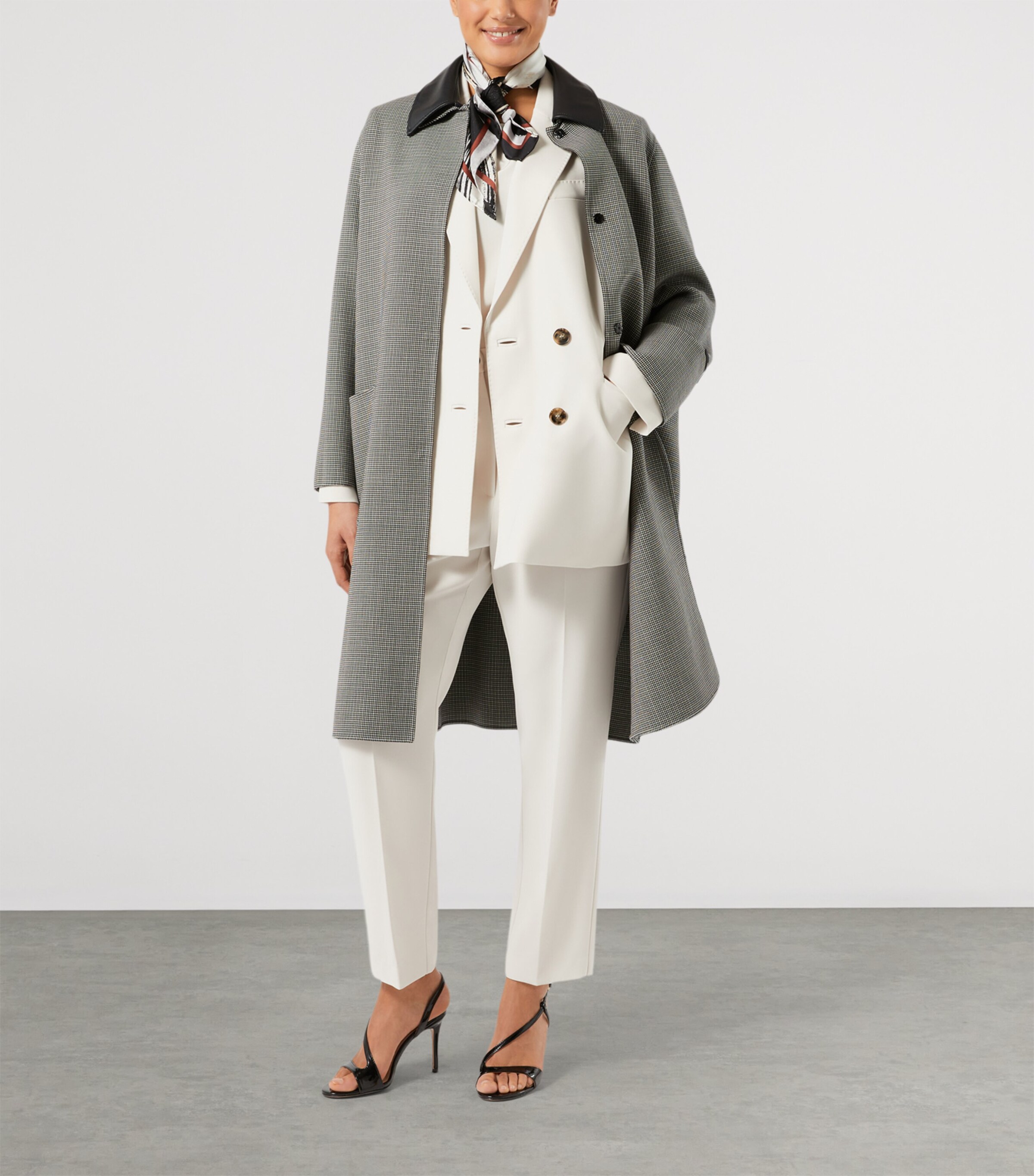 Marina Rinaldi Womens Leather-Collar Houndstooth Coat White Black Image 2