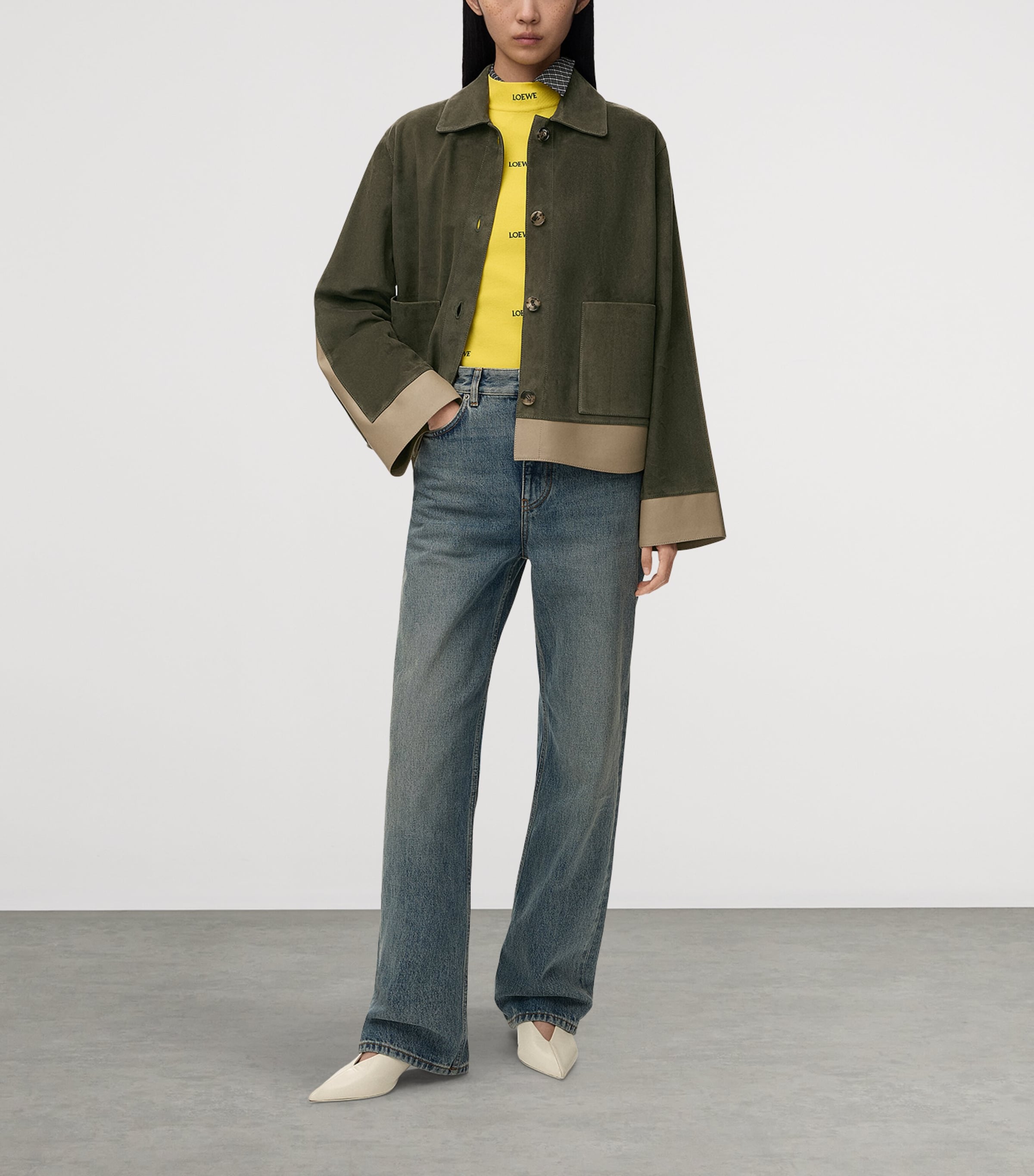 LOEWE Womens Suede and Leather Panelled Jacket Khaki Green Image 2