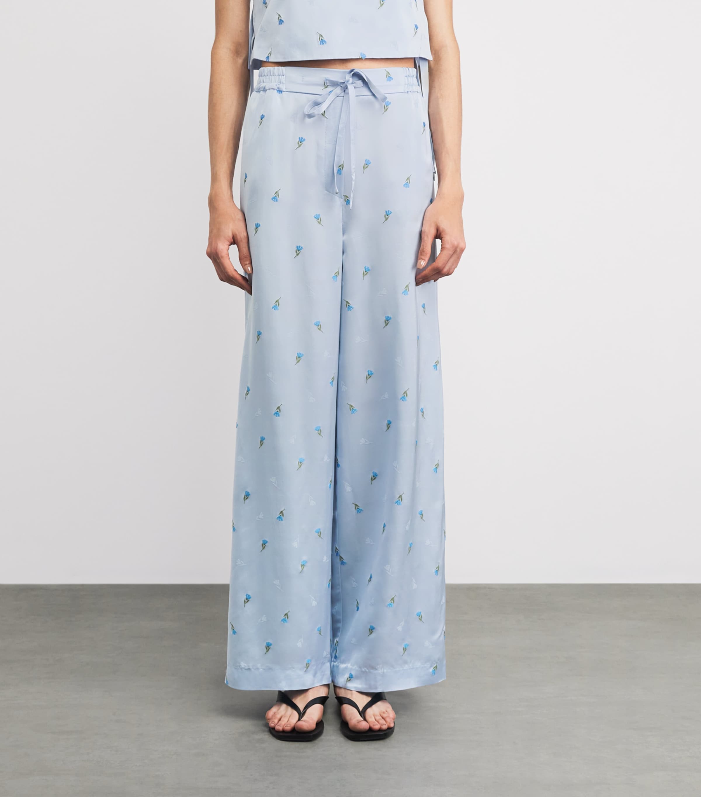 Claudie Pierlot Womens Satin Floral Wide-Leg Trousers Sky Image 4