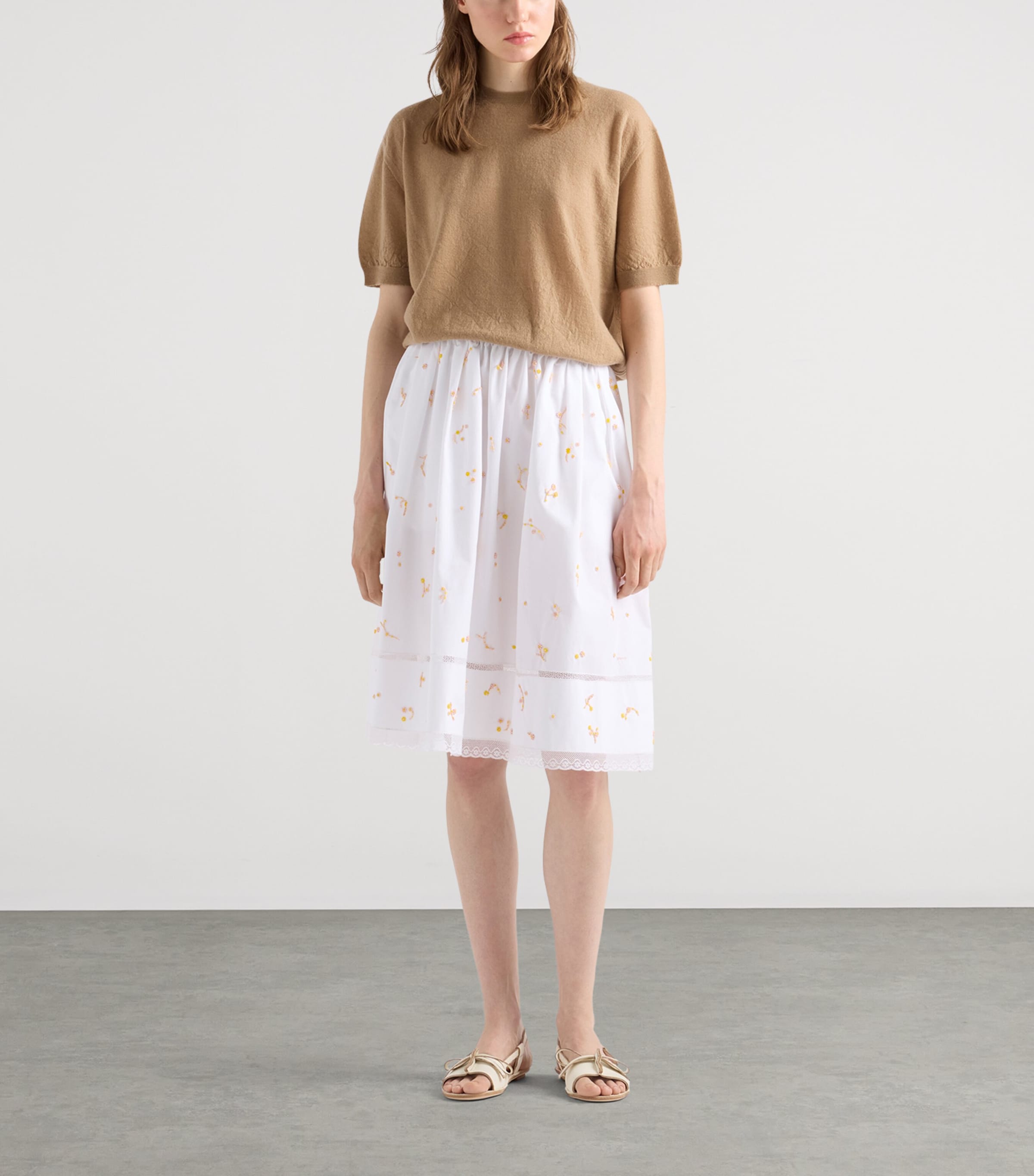 Prada Womens Cotton Poplin Embroidered Midi Skirt White Image 2