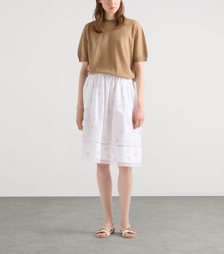 Prada Womens Cotton Poplin Embroidered Midi Skirt White Image 2