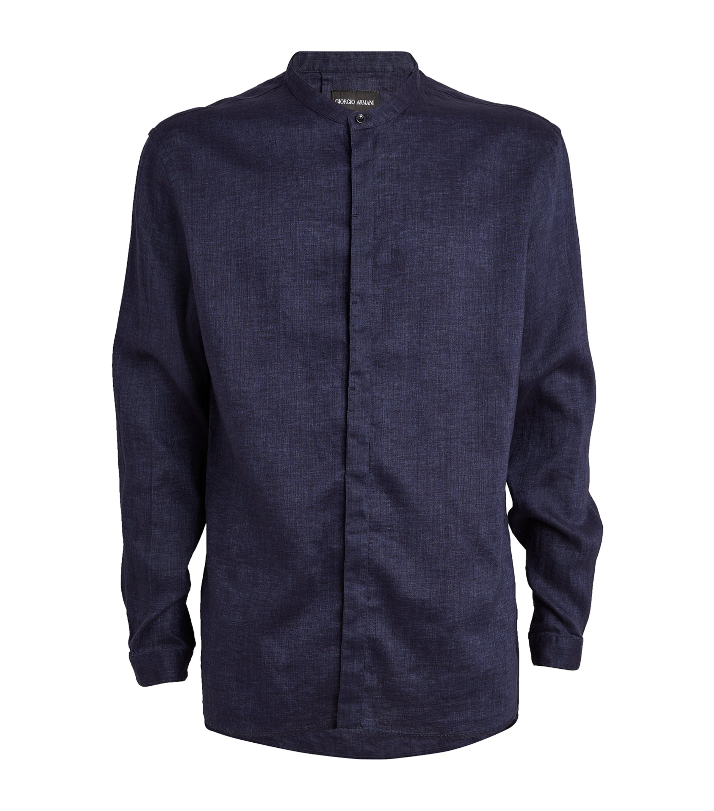 Shop Giorgio Armani Linen Band-collar Shirt In Blue