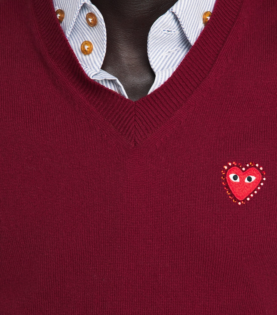 Comme Des Garçons Play Mens Wool Rhinestone Heart V-Neck Sweater Burgundy Image 3