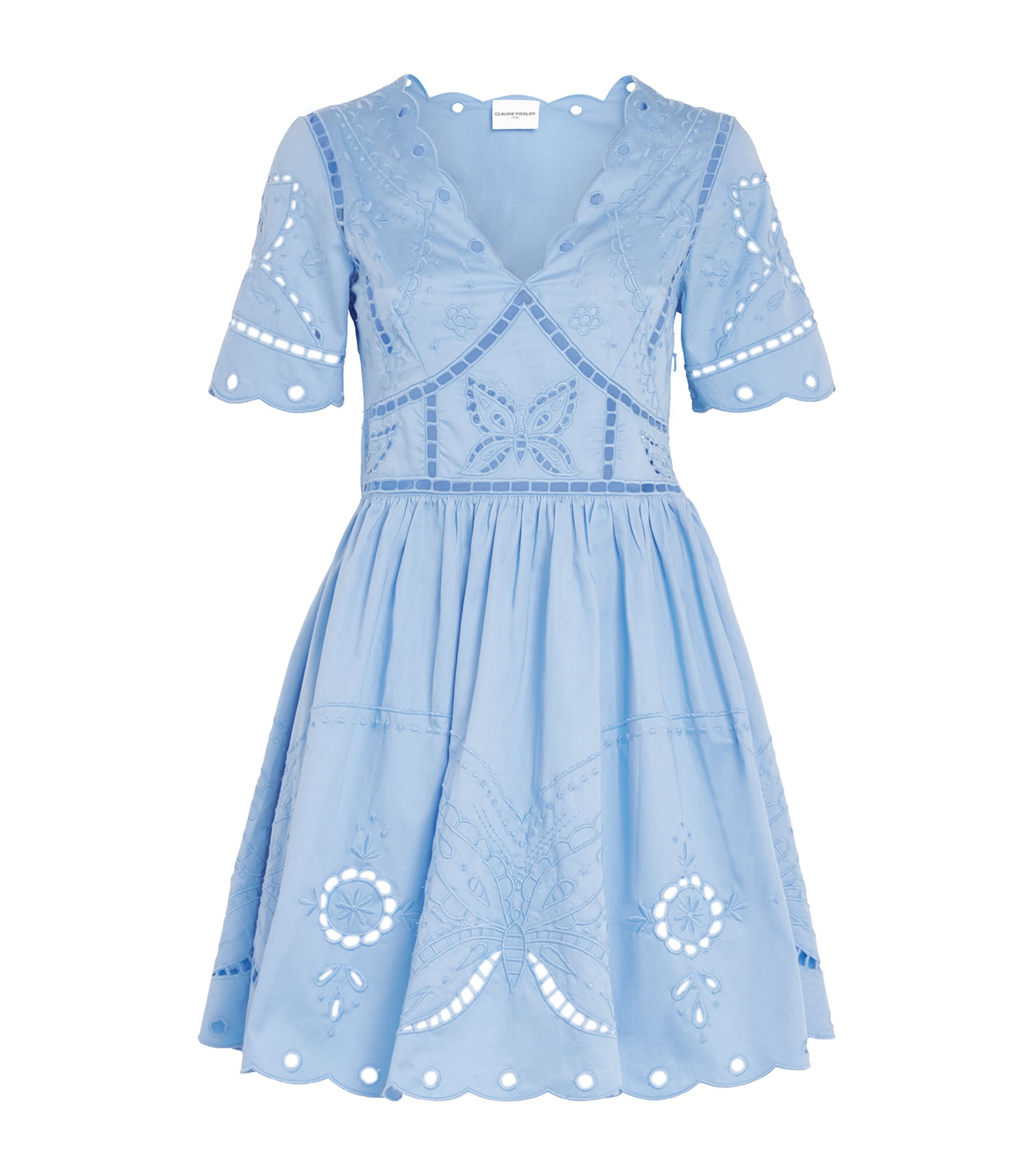 Claudie Pierlot Womens Bleus Butterfly-embroidered Short-sleeve Cotton Mini Dress In Blue
