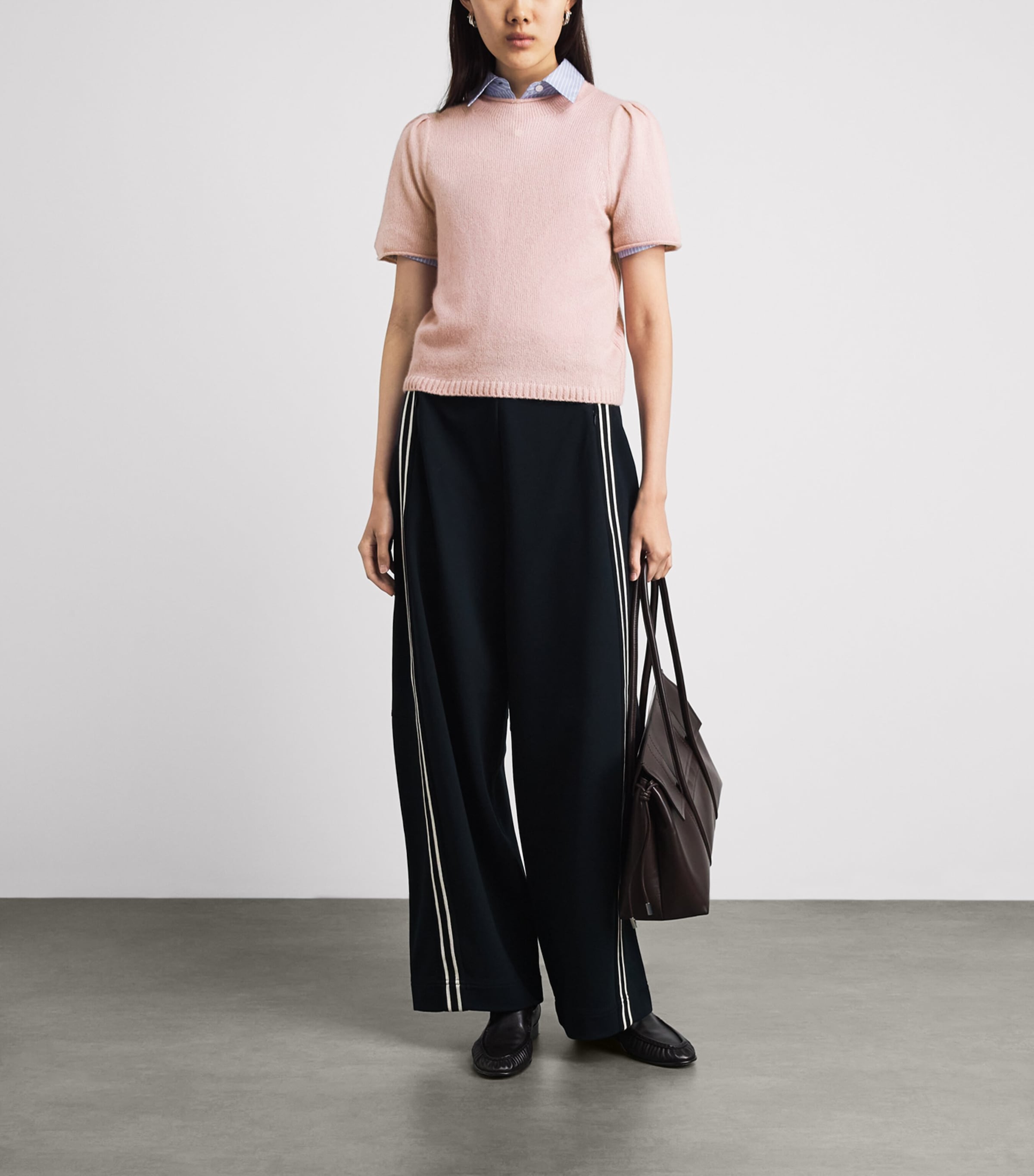 ME+EM Womens Wool-Cashmere-Silk Puff-Sleeve T-Shirt Smoke Pink Image 2