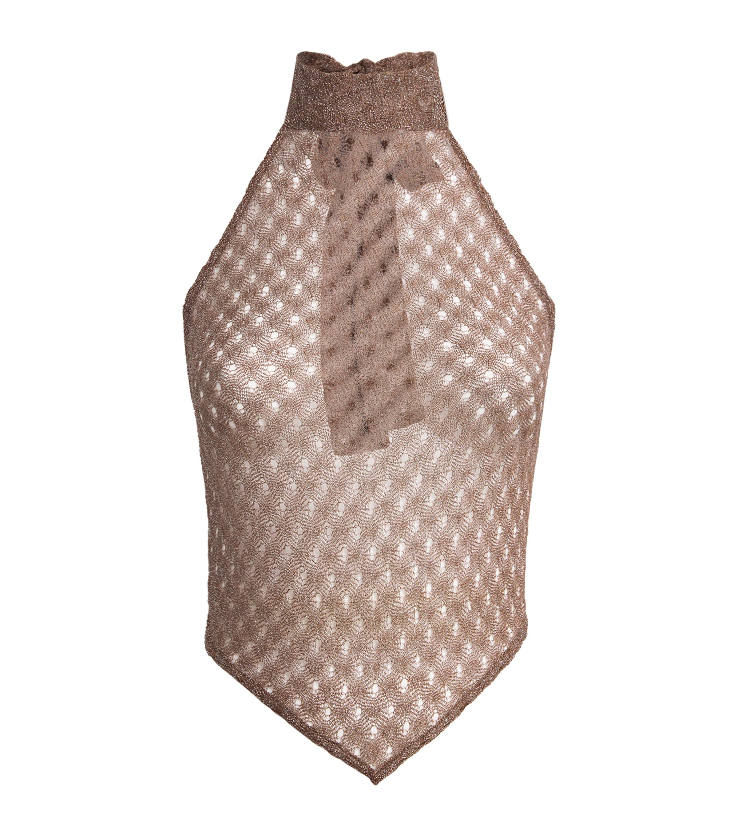 Lamé Open-Knit Halterneck Crop Top S80EE BROWN Image 1