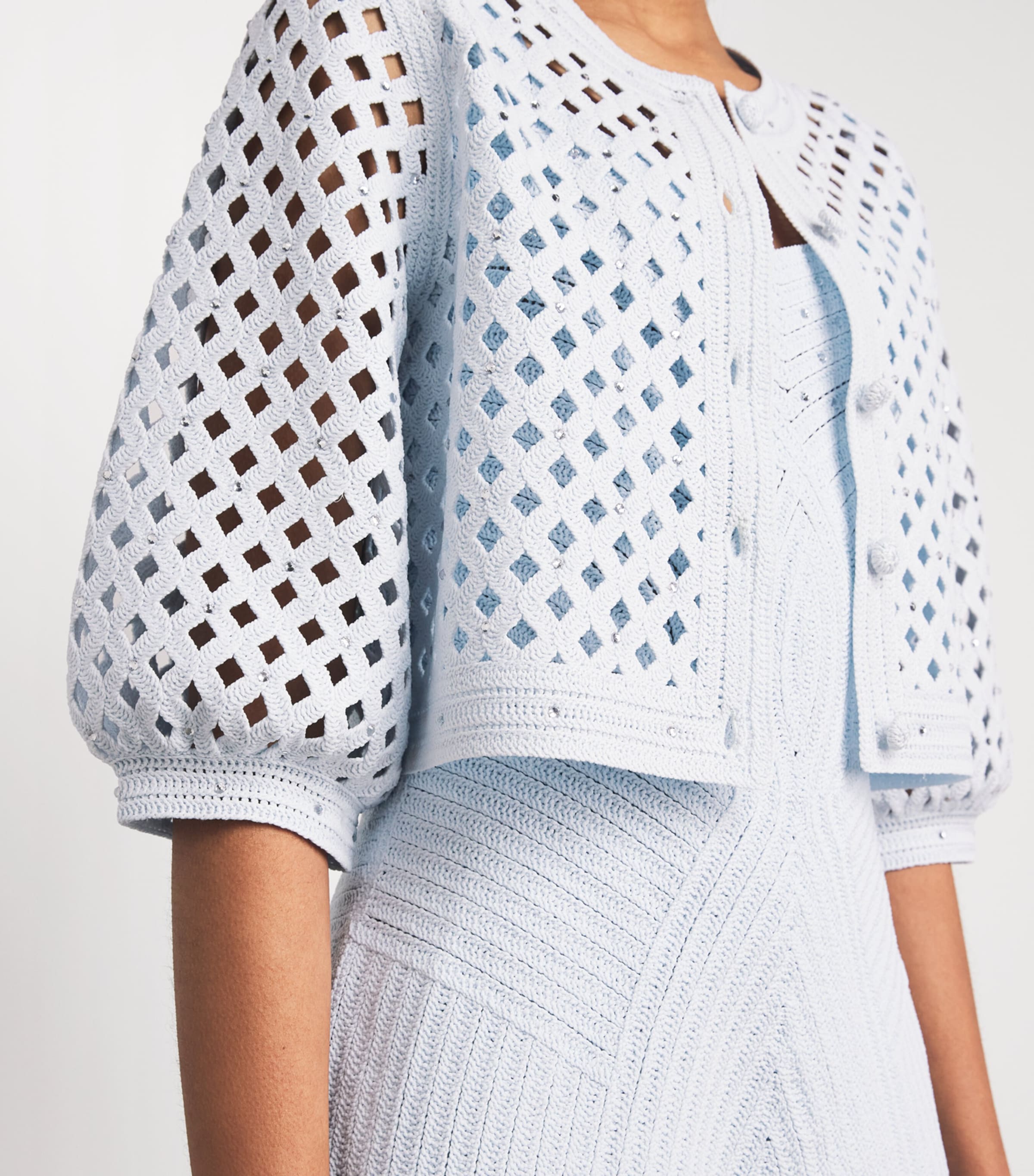 Maje Womens Embellished Crochet Cardigan Blue Sky Image 3