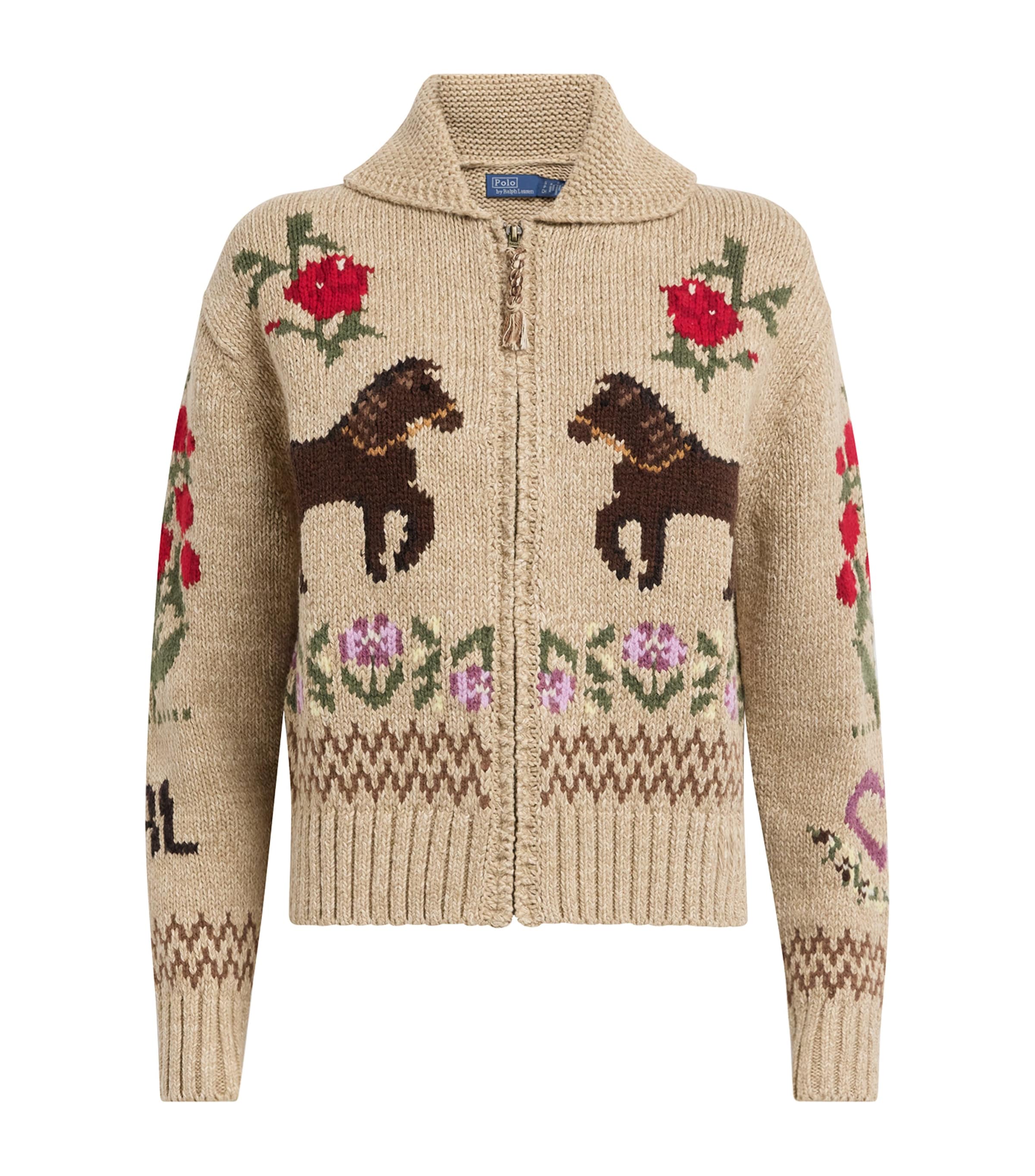 Polo Ralph Lauren Womens Cotton-Wool Horse Intarsia Zip-Up Cardigan Tan Multi Image 1