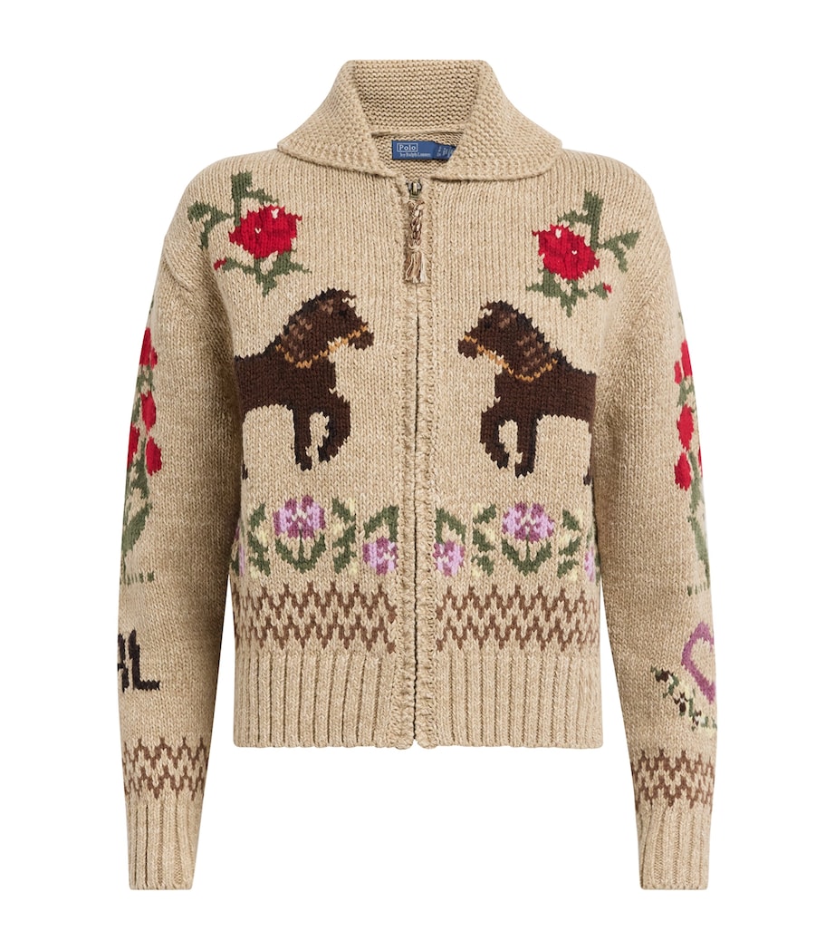 Polo Ralph Lauren Womens Cotton-Wool Horse Intarsia Zip-Up Cardigan Tan Multi Image 1