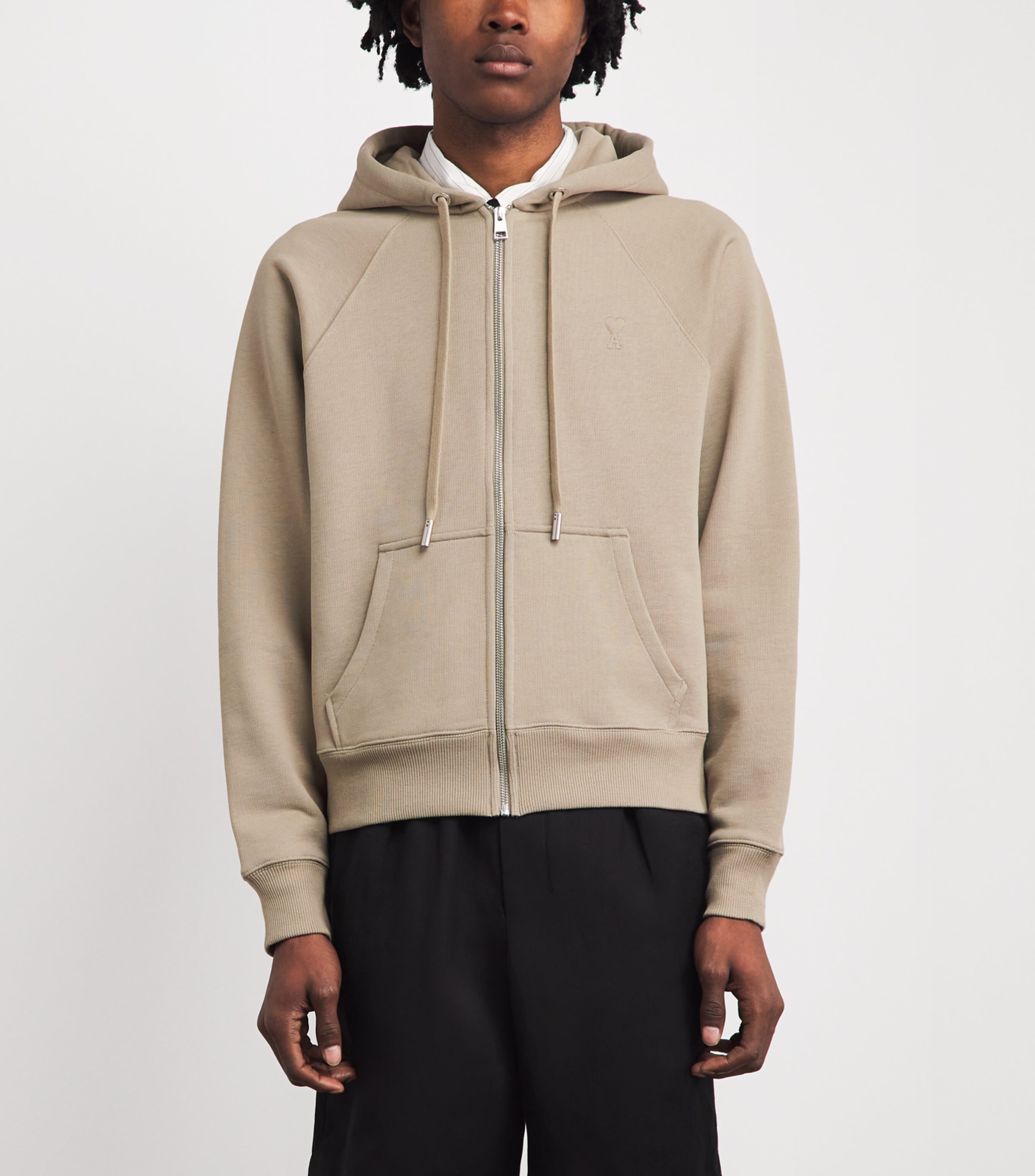 AMI Paris Mens Cotton Quota Zip-Up Hoodie Beige Taupe Image 4