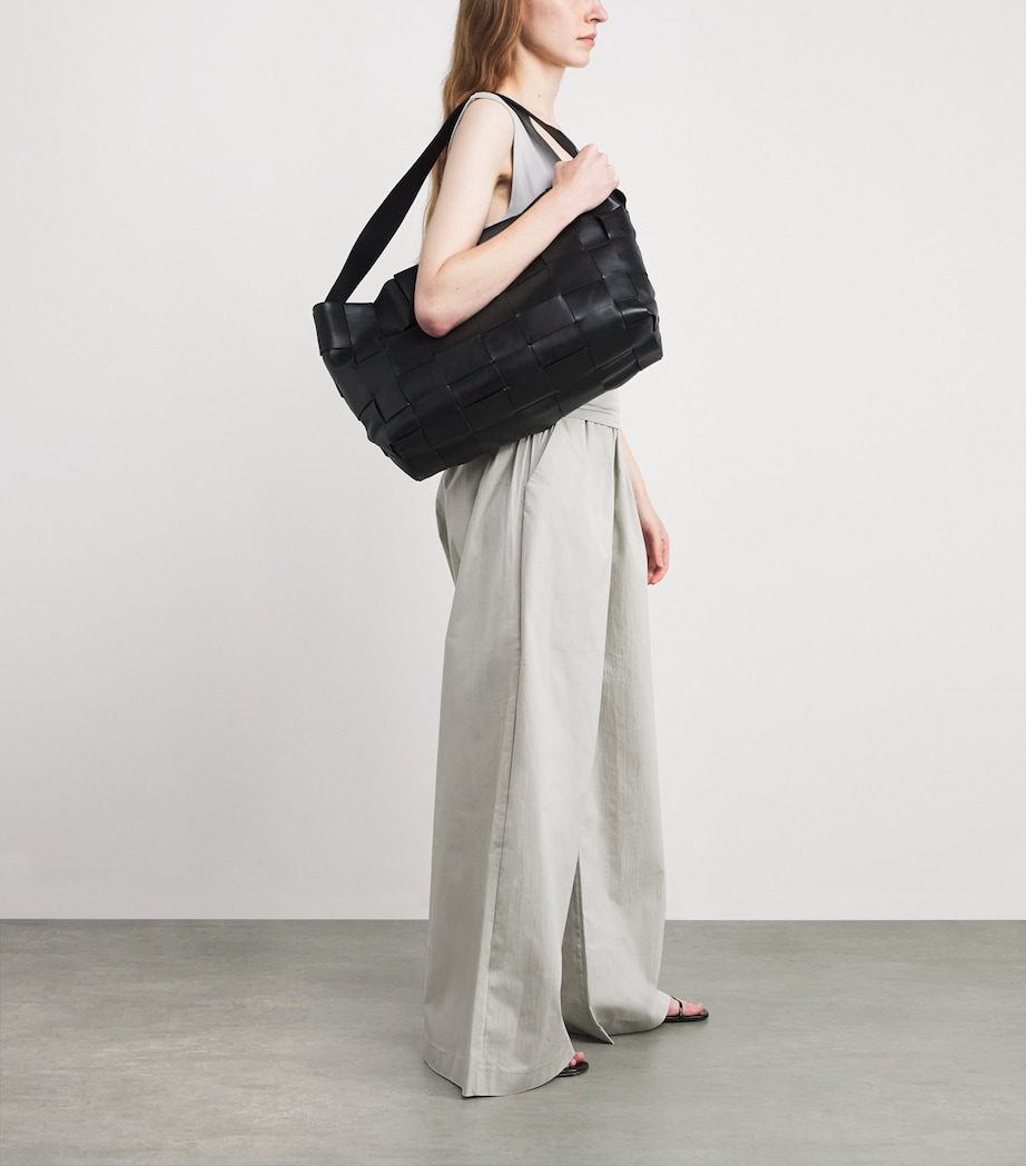 Large Leather Woven Tote Bag BLACK Image 5