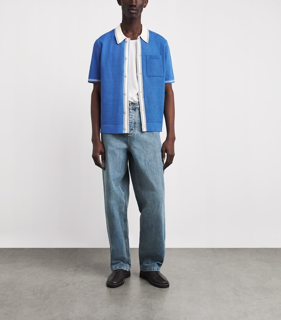 Wax London Mens Linen-Blend Belle Polo Shirt Blue / Ecru Image 2
