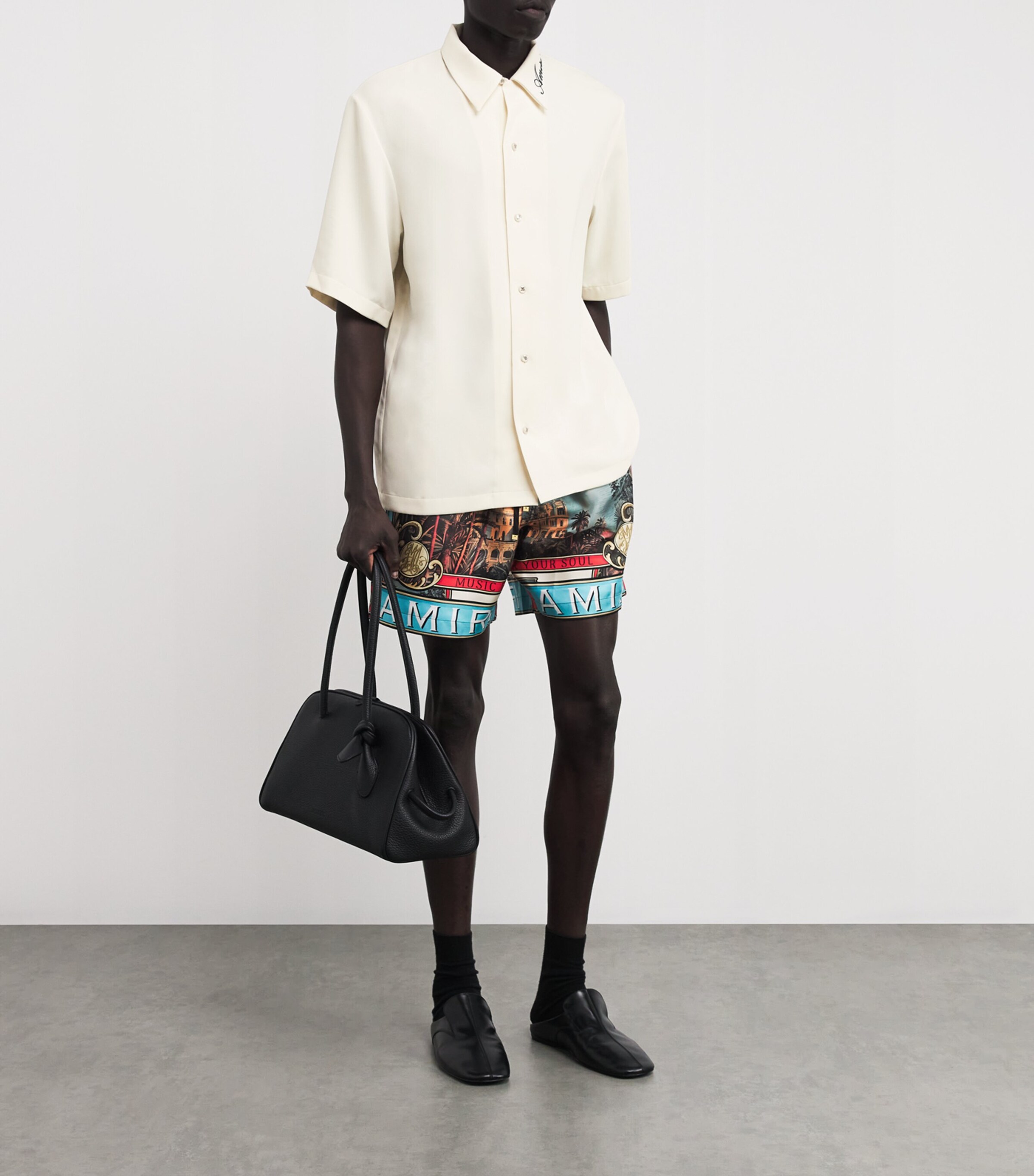 AMIRI Mens Embroidered Logo Short-Sleeve Shirt Alabaster Image 2