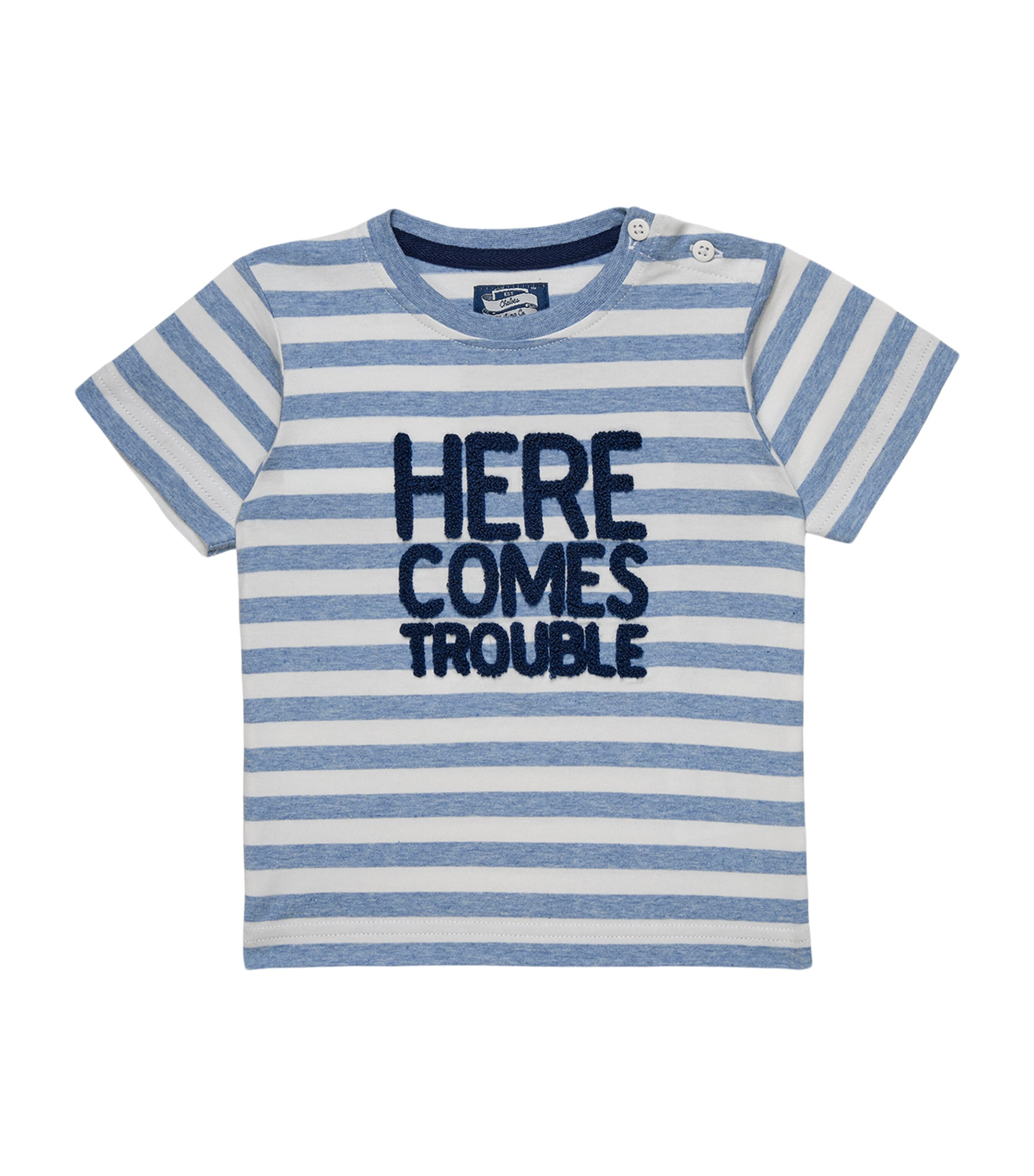 Trotters Stretch-Cotton Stripe Here Comes Trouble T-Shirt (3-24 Months) Pale Blue Stripe Image 1