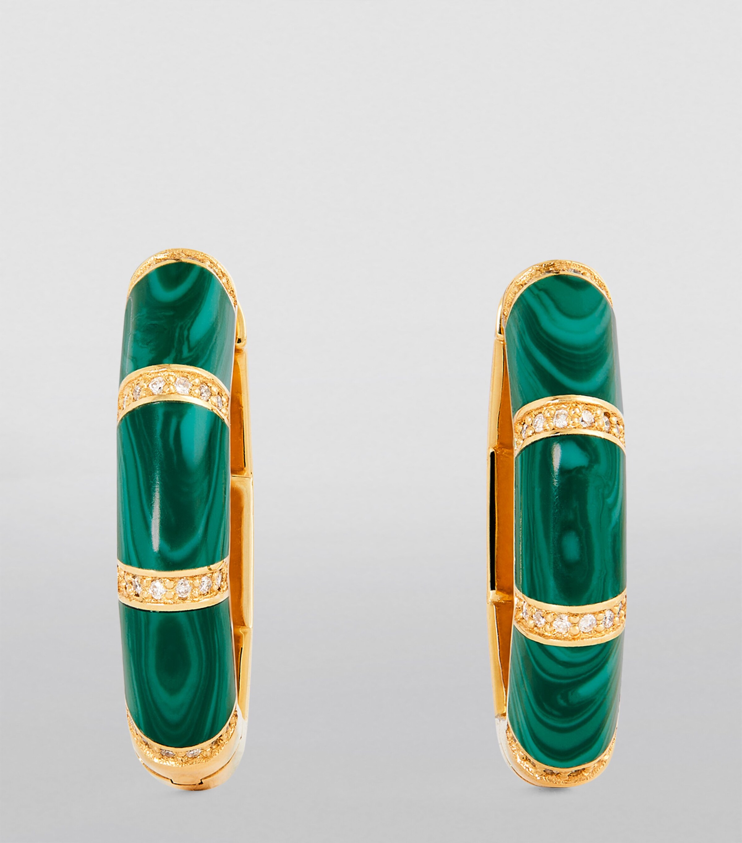 Yellow Gold, Diamond and Malachite Amulet of Light Hoop Earrings GREEN Image 2