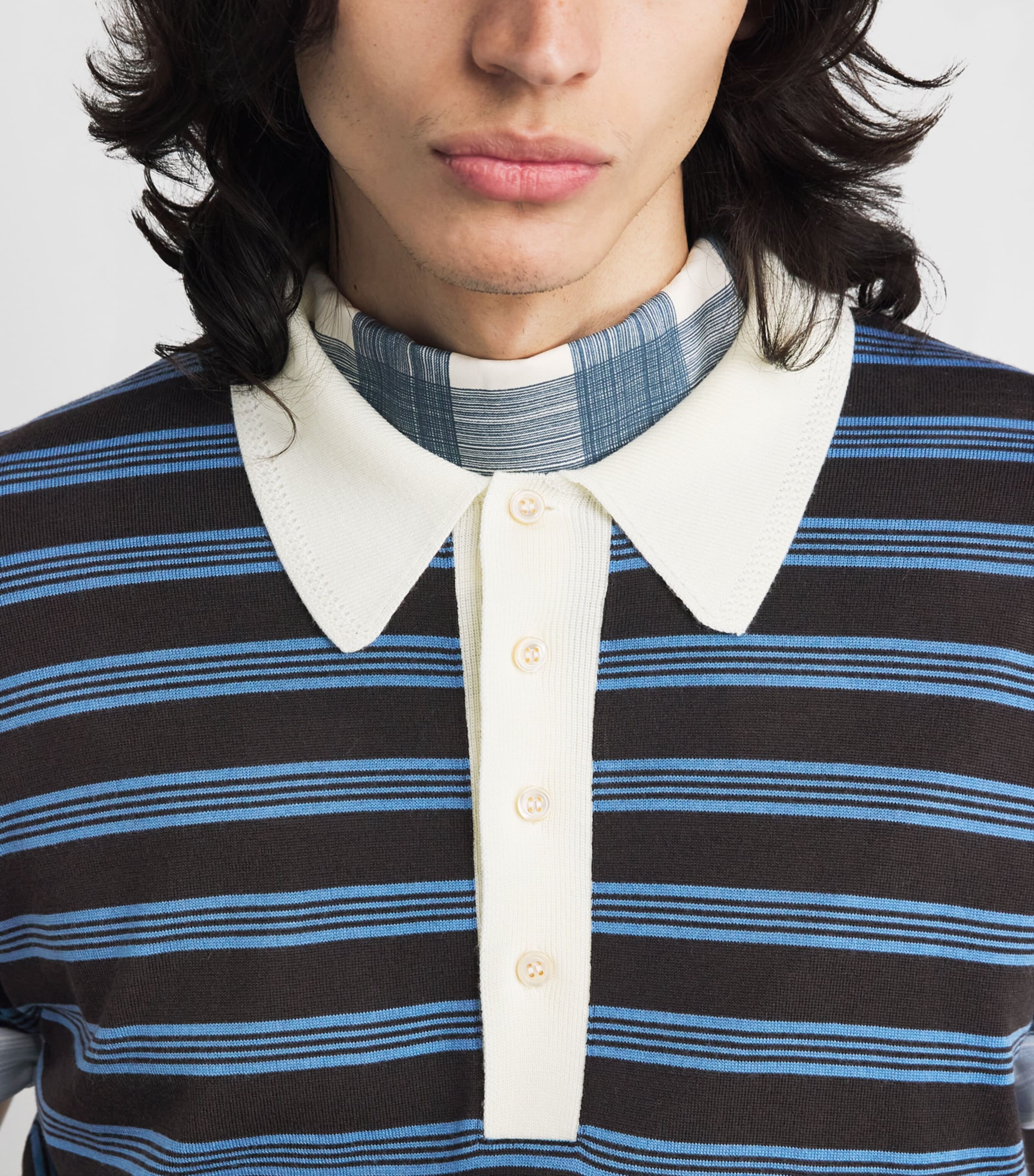 Wales Bonner Mens x John Smedley Merino Polo Sweater Brown/blue/ivory Image 3