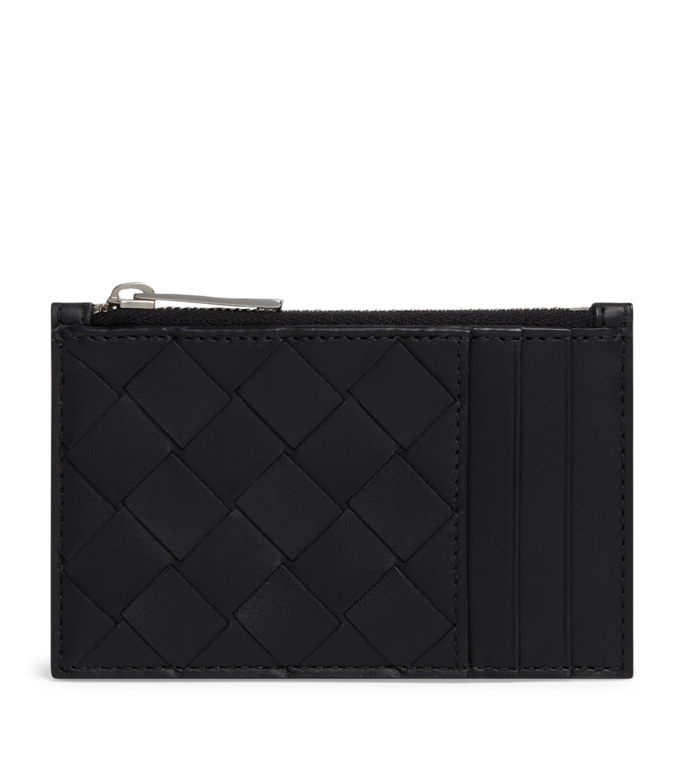 Bottega Veneta Leather Intrecciato Zipped Card Holder In Black