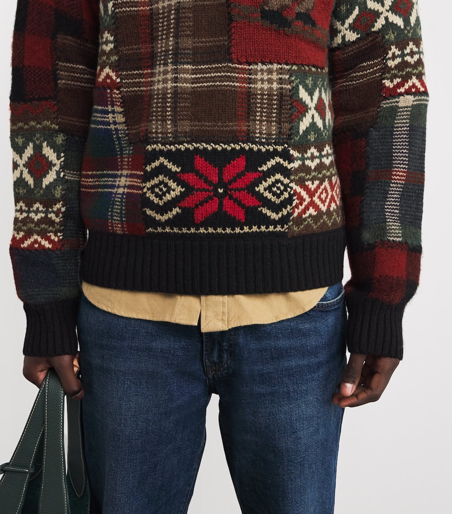 Wool Patchwork Polo Bear Sweater BLACK Image 6