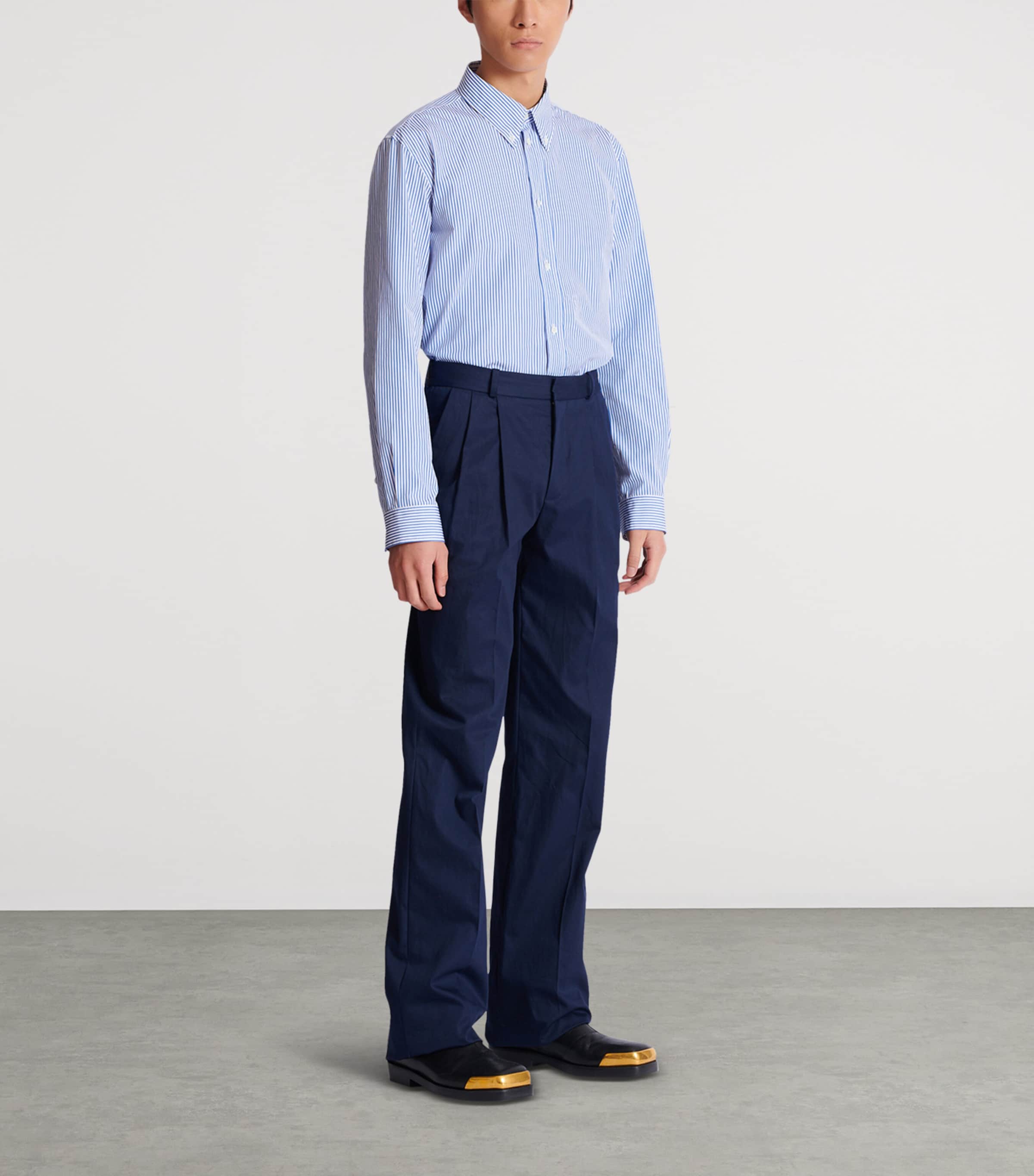 Cotton Pleated Flared Trousers 6UB MARINE Image 2