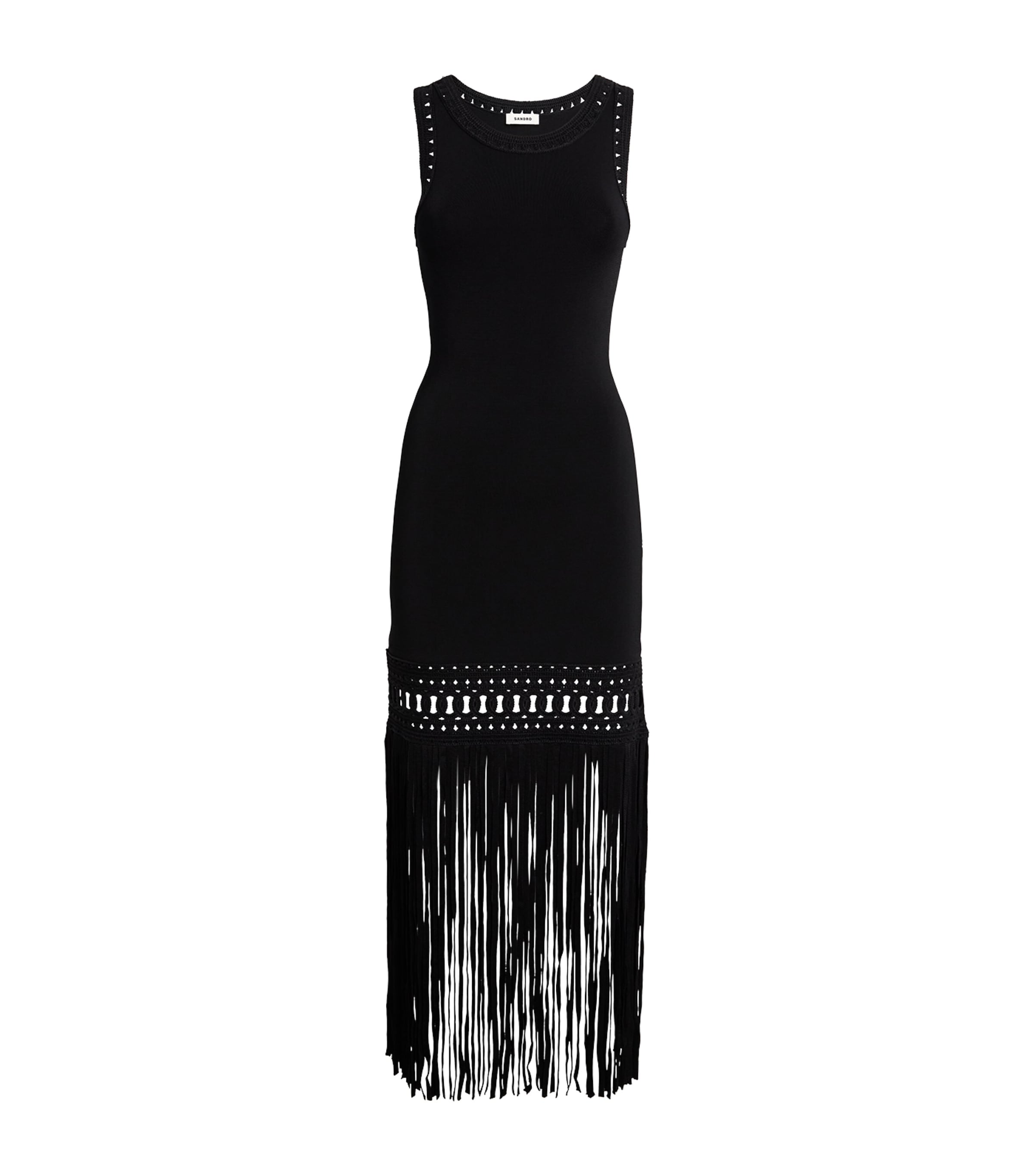 SANDRO FRINGED BODYCON MIDI DRESS