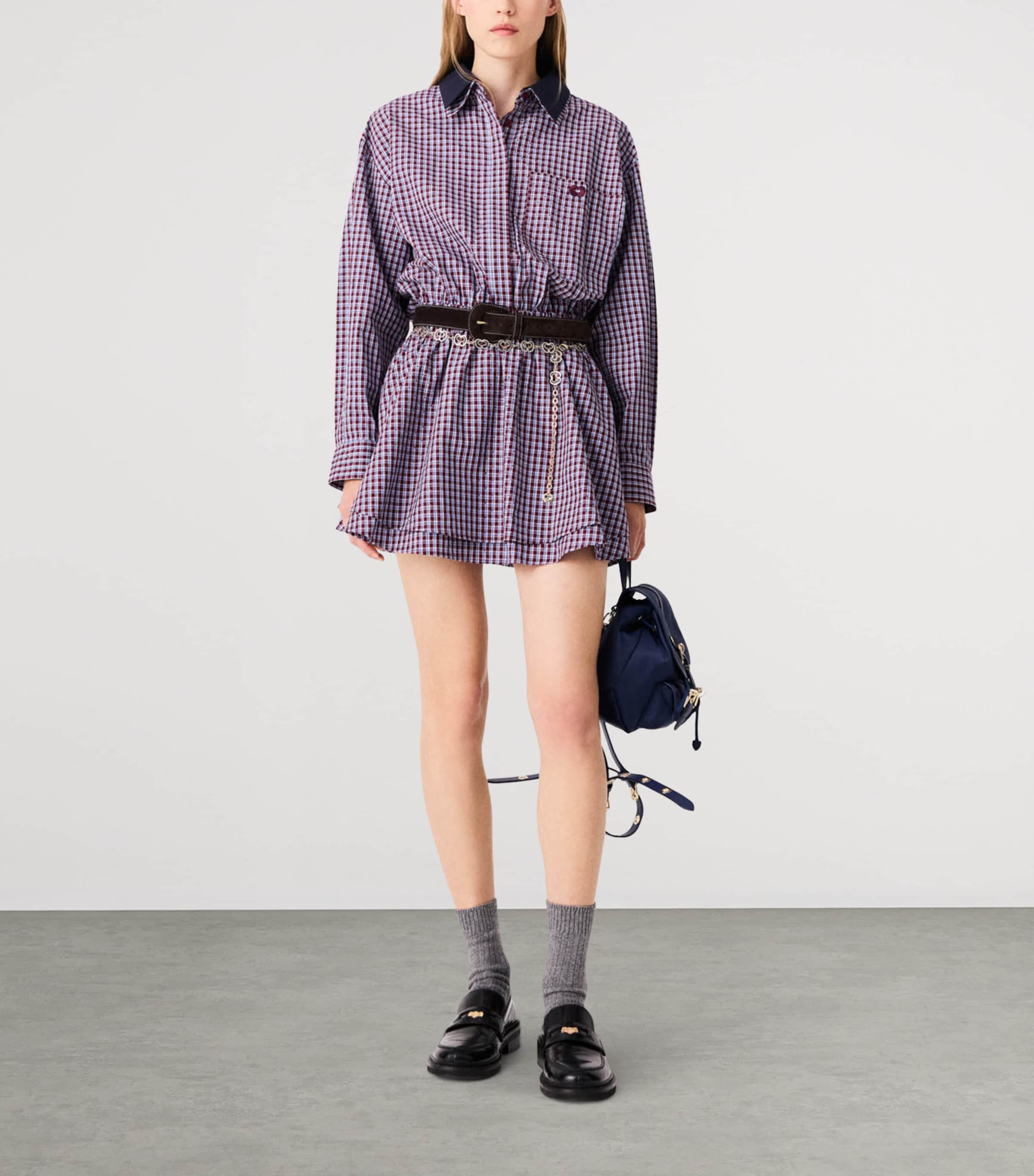 Maje Womens Cotton Check Mini Shirt Dress Burgundy Image 2