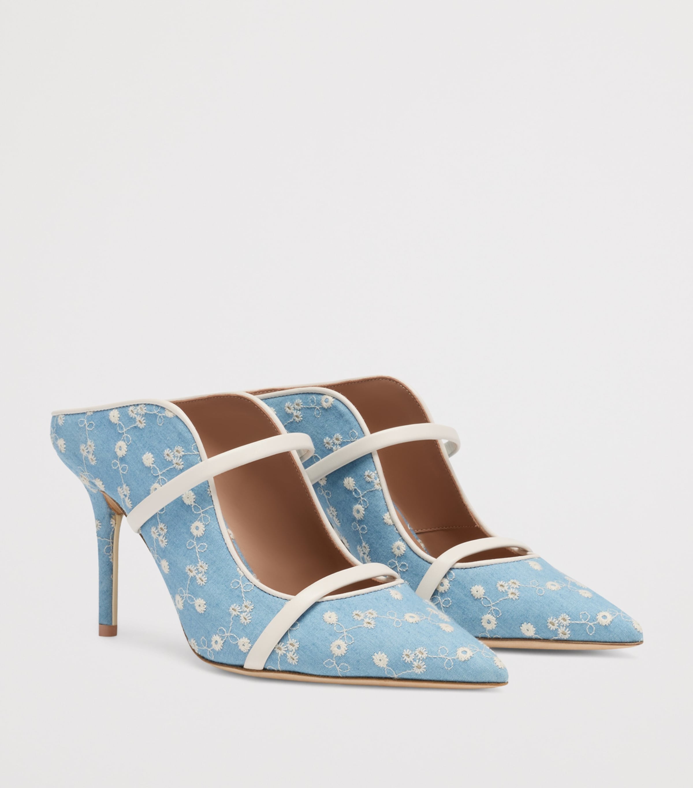 Malone Souliers Denim Floral Maureen Heeled Mules 85 Blue Image 3
