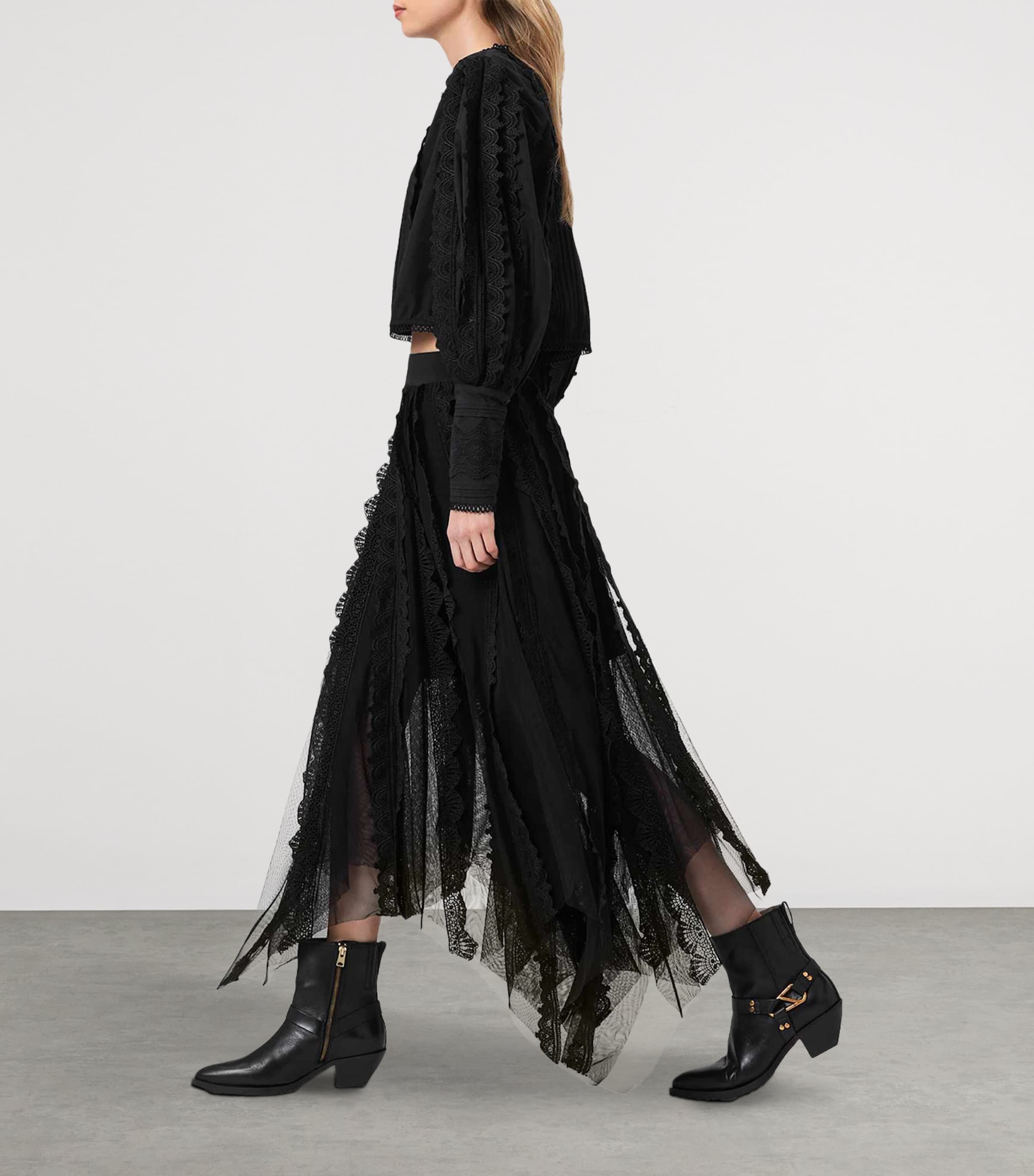 AllSaints Womens Cotton-Lace Vashtie Midi Skirt Black Image 5