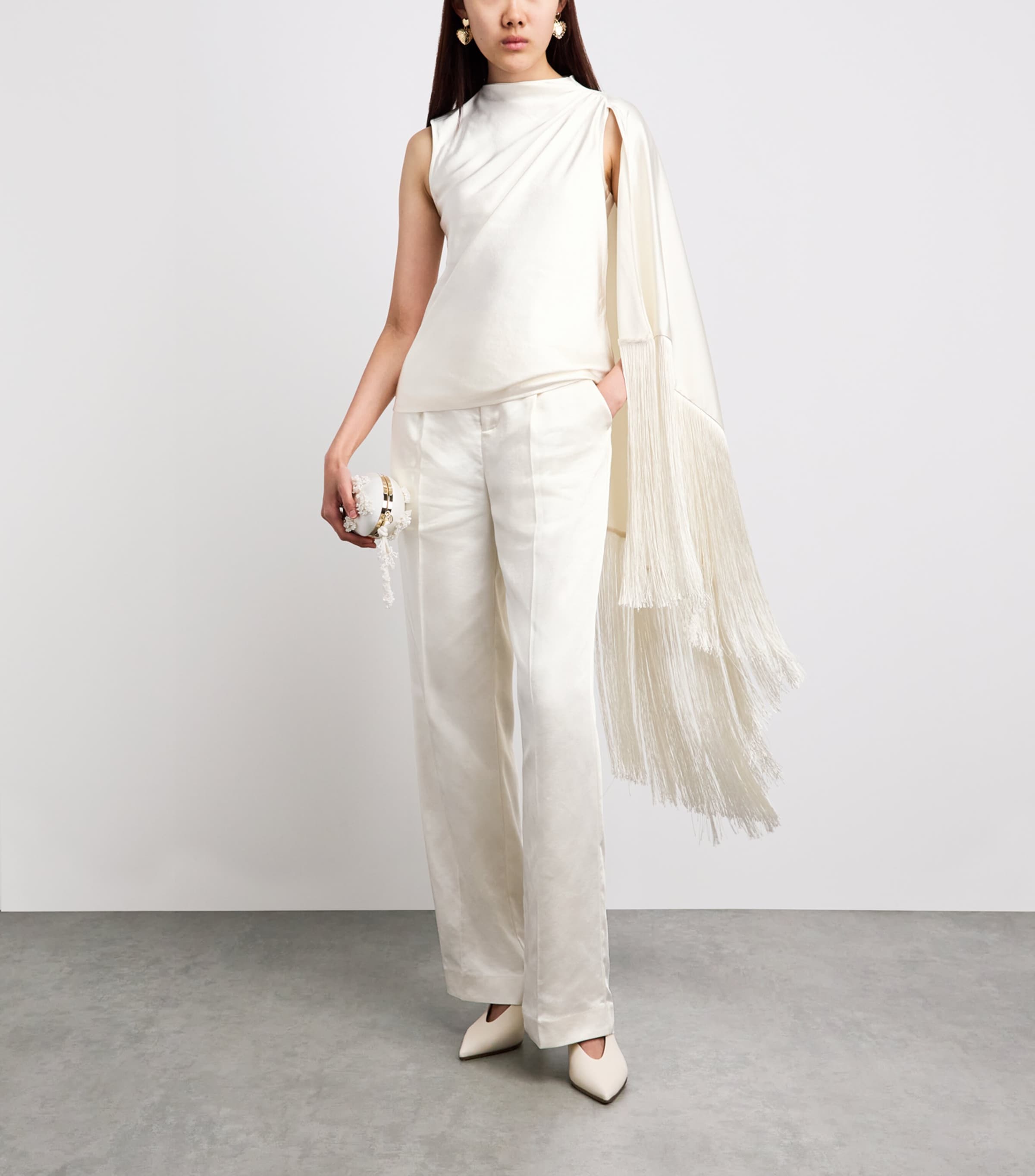 Self-Portrait Womens Satin Fringe-Scarf Top Cream Image 2