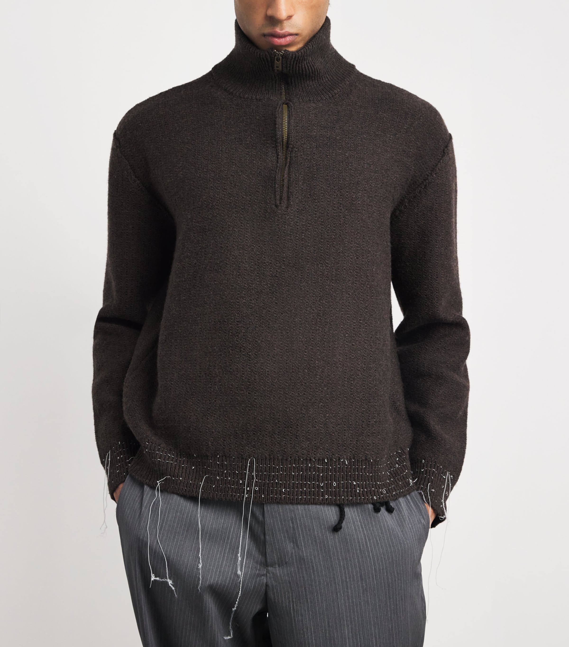 Maison Margiela Mens Wool-Blend Distressed Quarter-Zip Sweater Brown Image 4