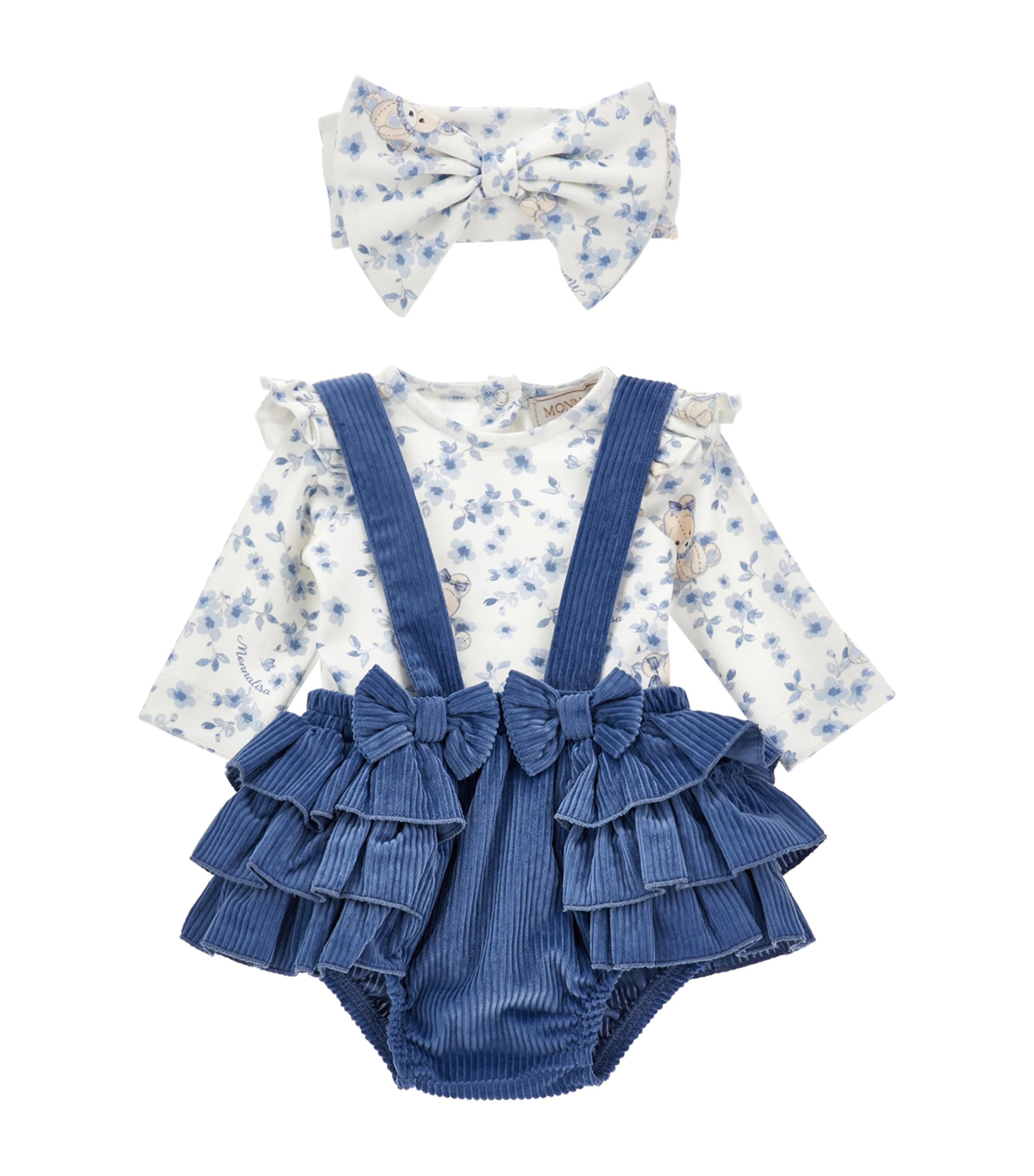 Monnalisa Cotton Bodysuit, Bloomers And Headband Set In Blue
