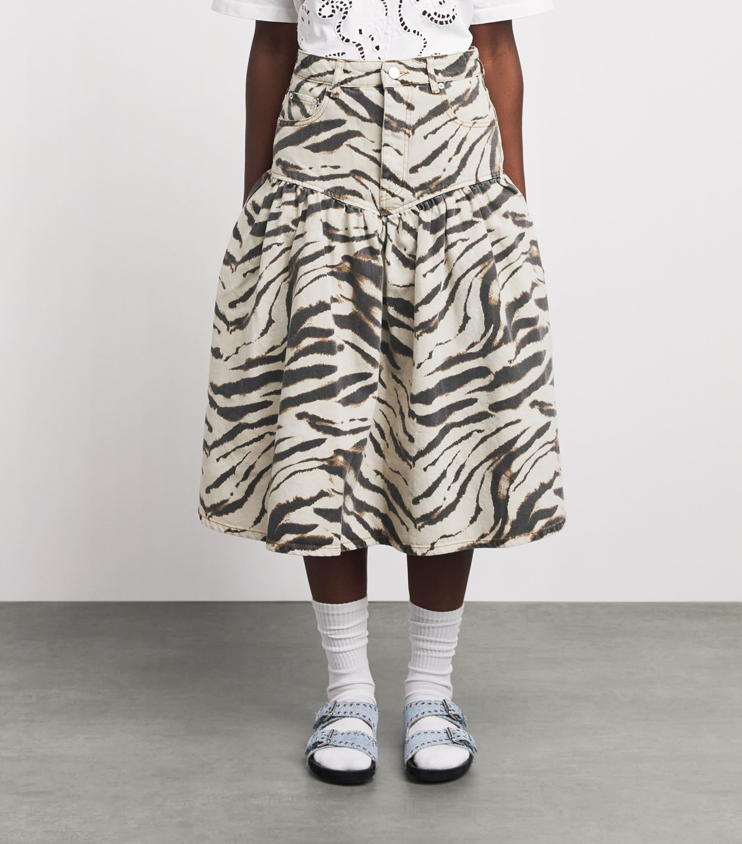 GANNI Womens Zebra Denim Midi Skirt Egret Image 4