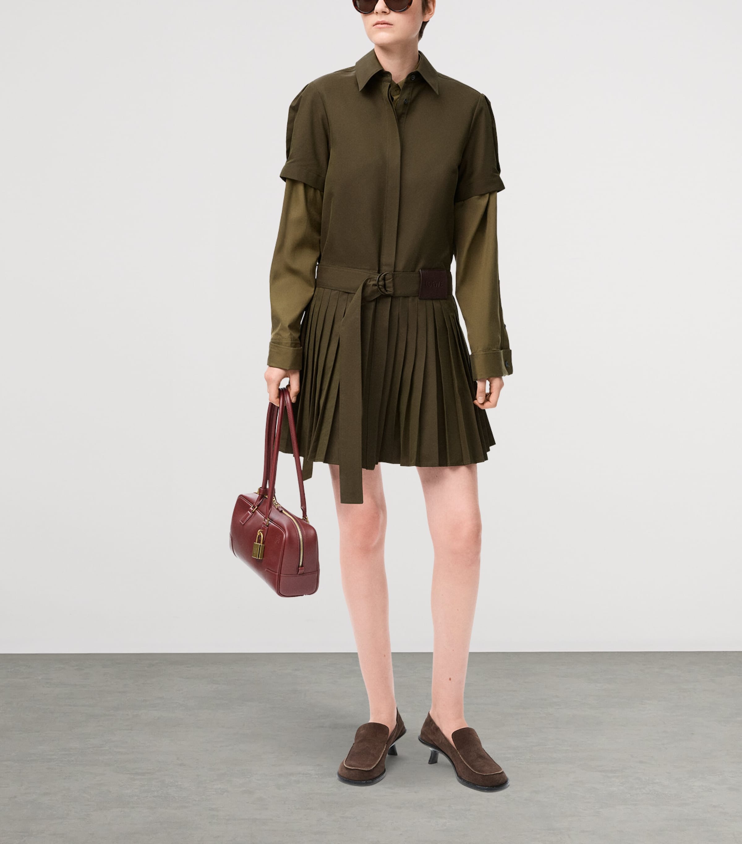 LOEWE Womens Belted Pleated Mini Dress Khaki Green Image 3