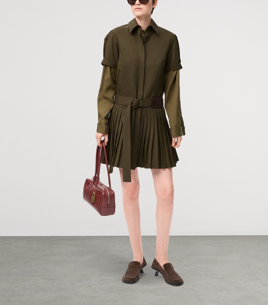 LOEWE Womens Belted Pleated Mini Dress Khaki Green Image 3