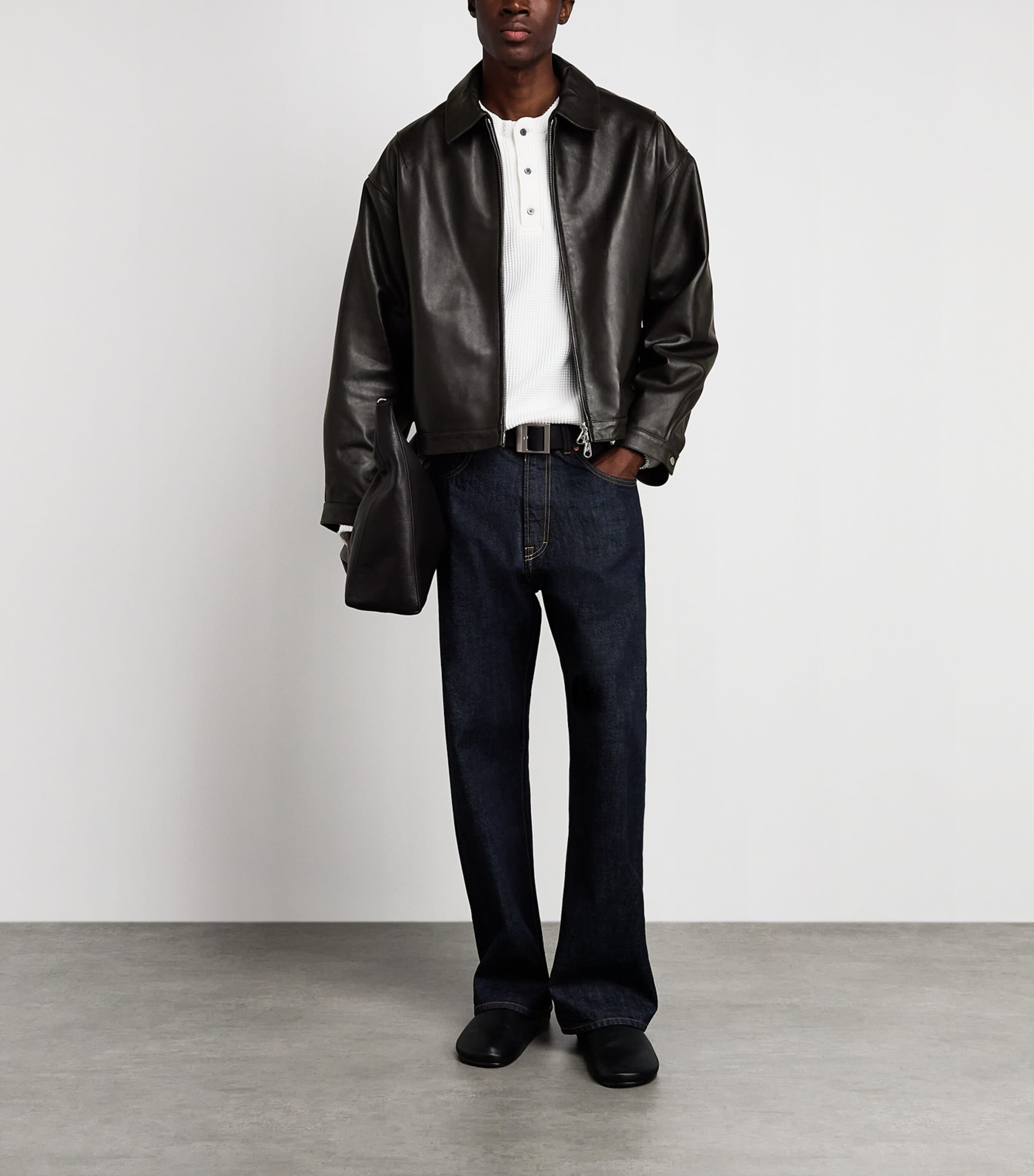 Cole Buxton Mens Leather Bomber Jacket Dark Brown Image 2