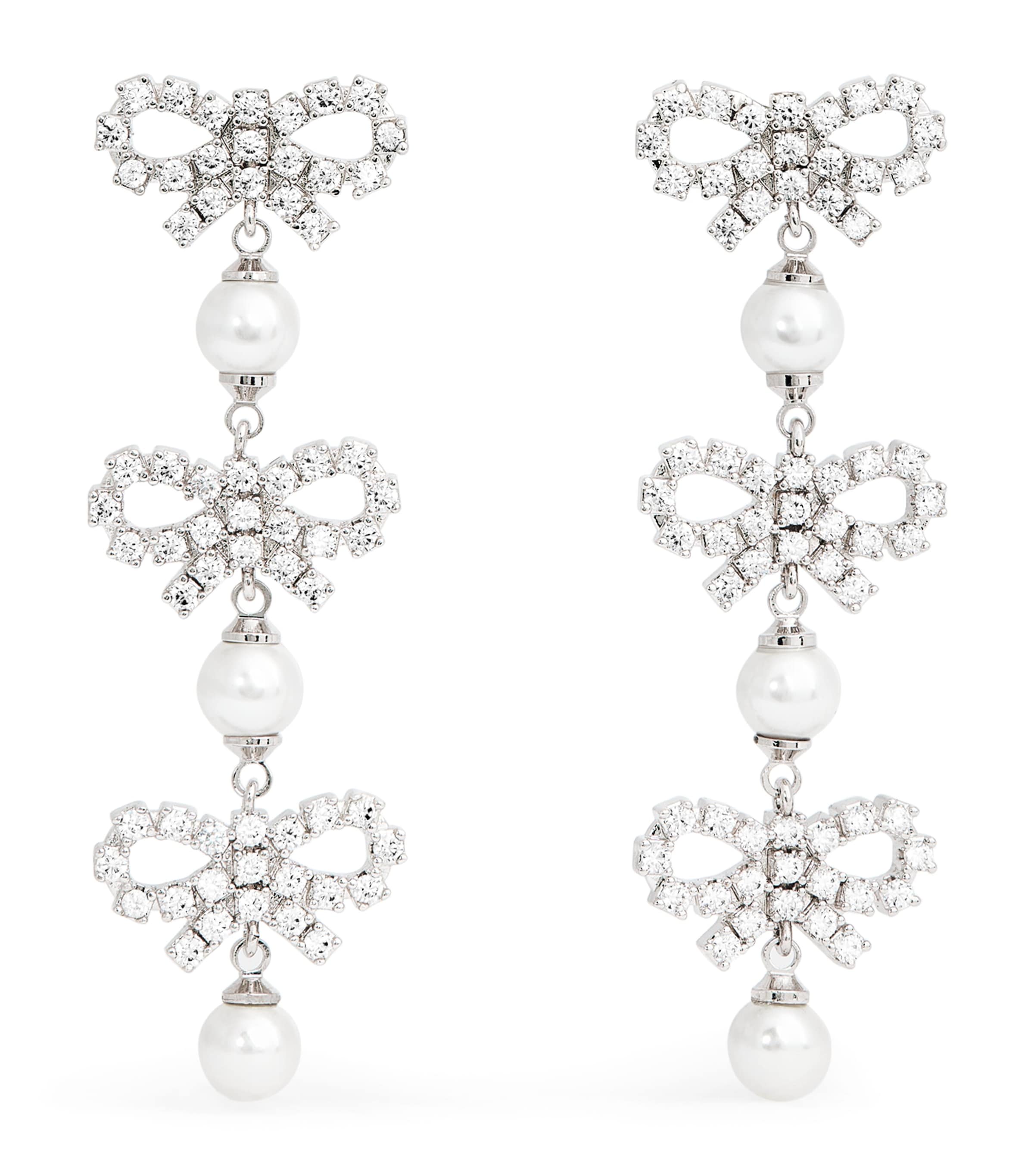 Self-portrait Crystal And Faux Pearl Bow Tiered Earrings In Metallic