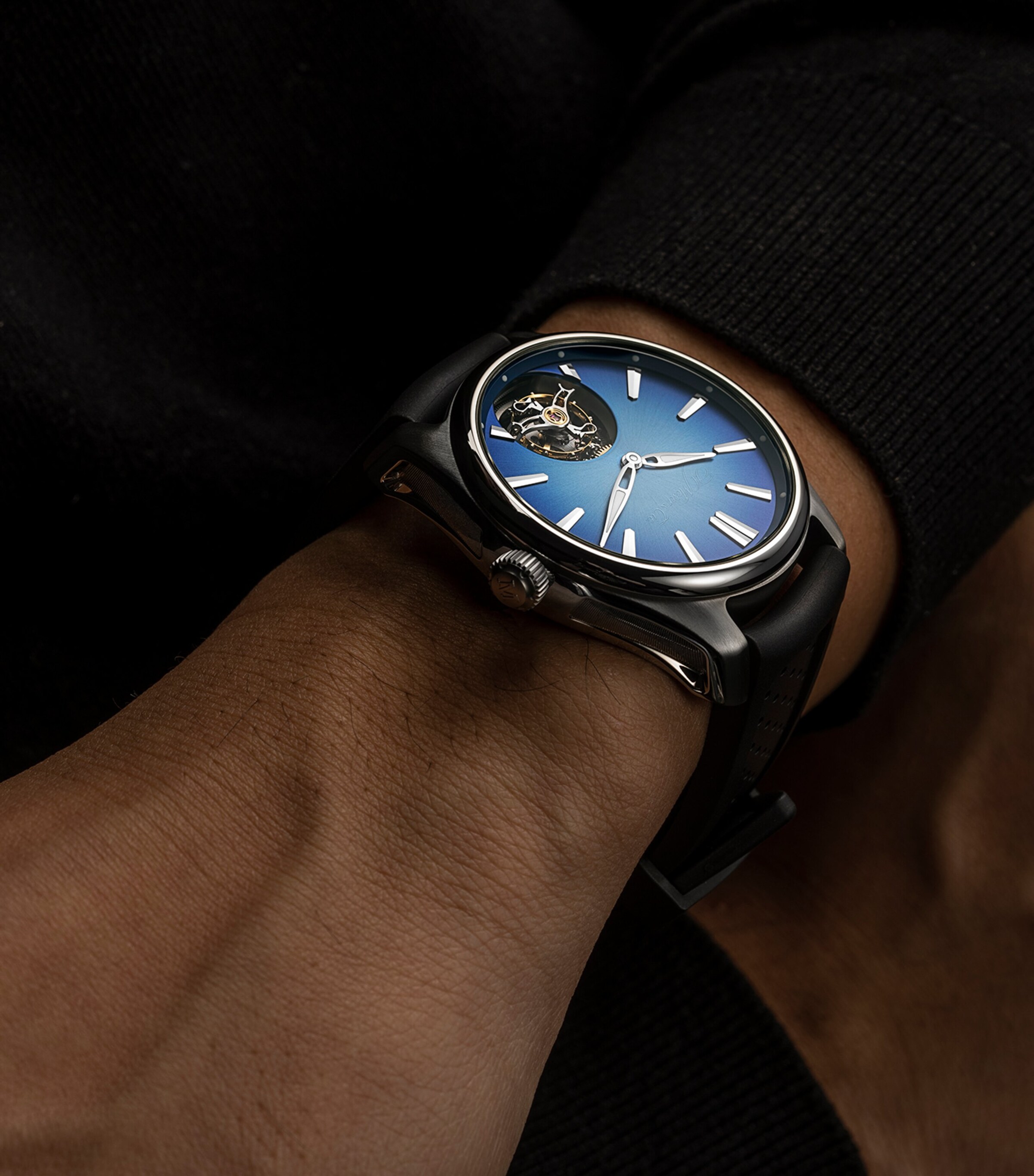 H. Moser & Cie Stainless Steel Pioneer Tourbillon Watch 40mm Blue Image 4