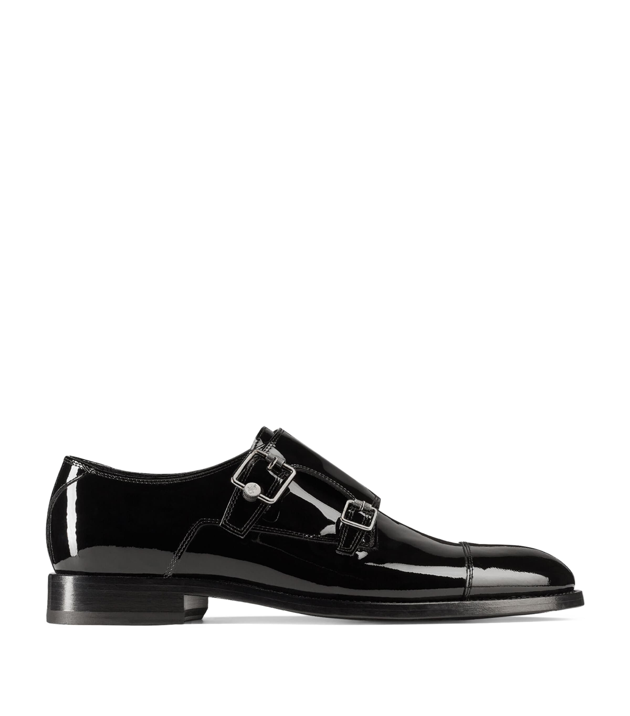Jimmy Choo Finnion Monk Strap Shoes In Patent Leather In Black