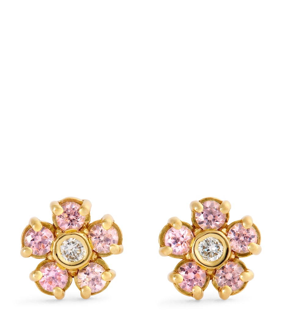 Mini Yellow Gold, Diamond and Pink Sapphire Edith Flower Earrings YELLOW GOLD Image 1