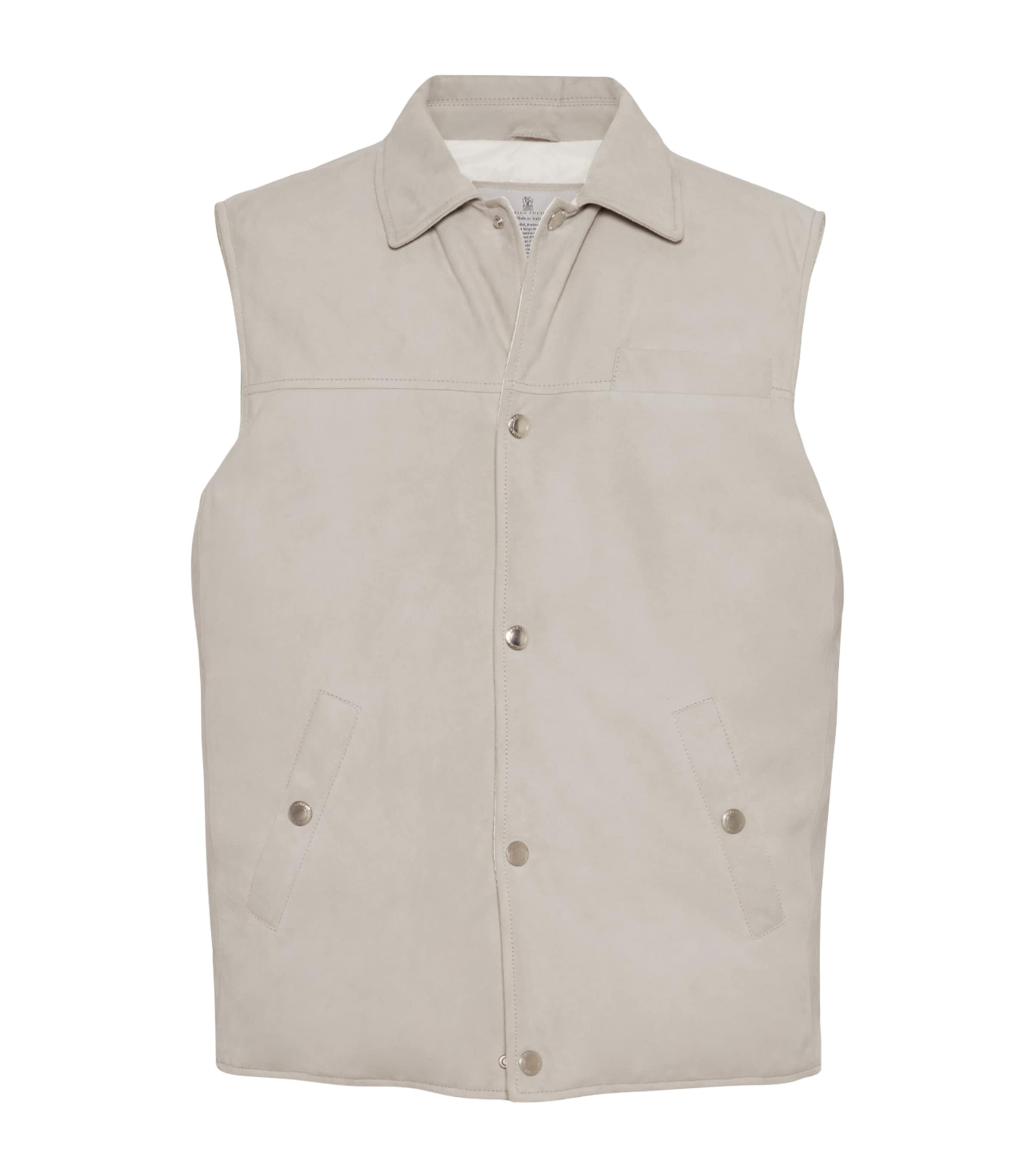 Brunello Cucinelli Leather Vest With Sleeveless Design And Slip Pockets In Gray