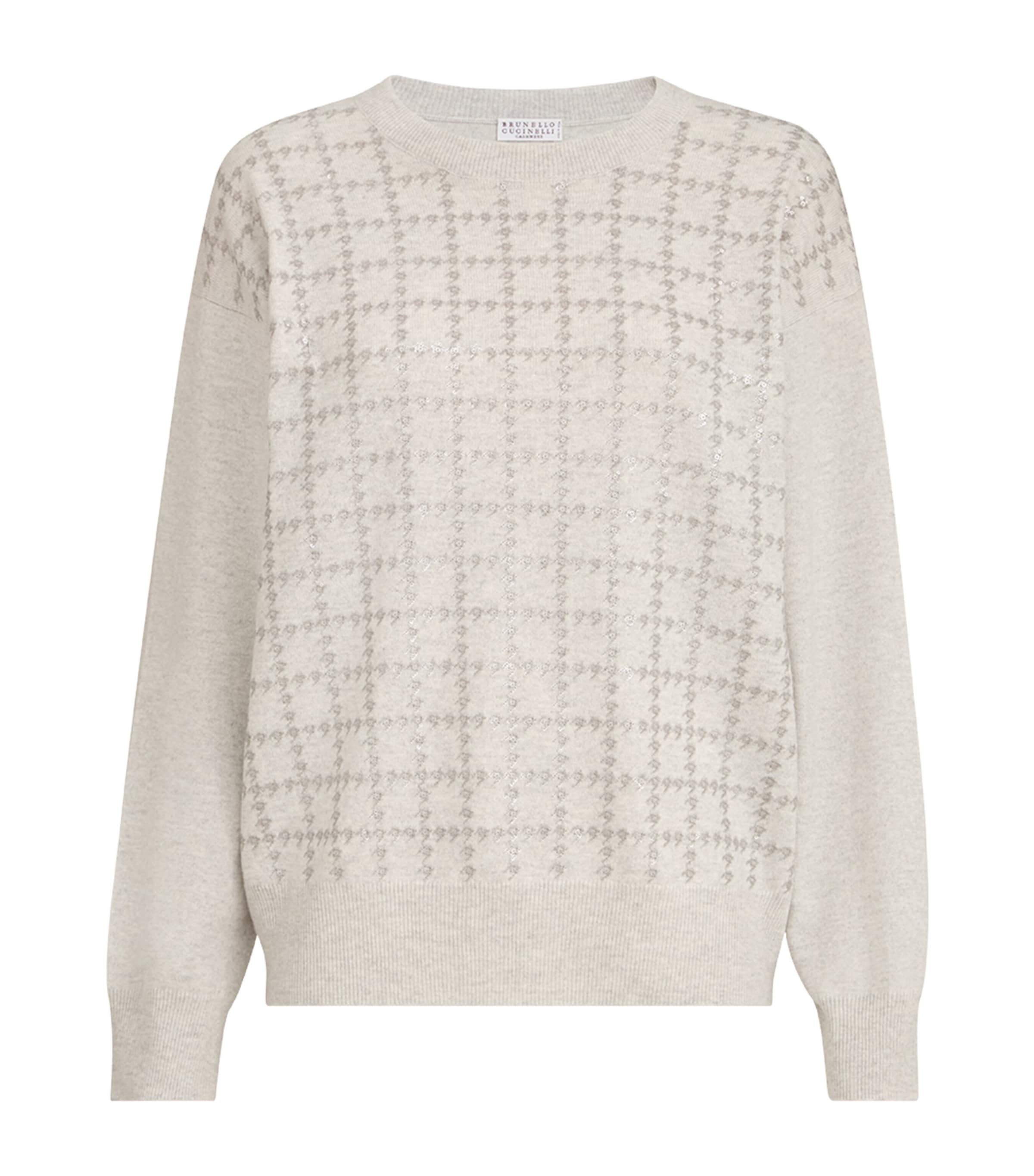Brunello Cucinelli Womens Cashmere Sequin-Houndstooth Sweater Nebbia Image 1