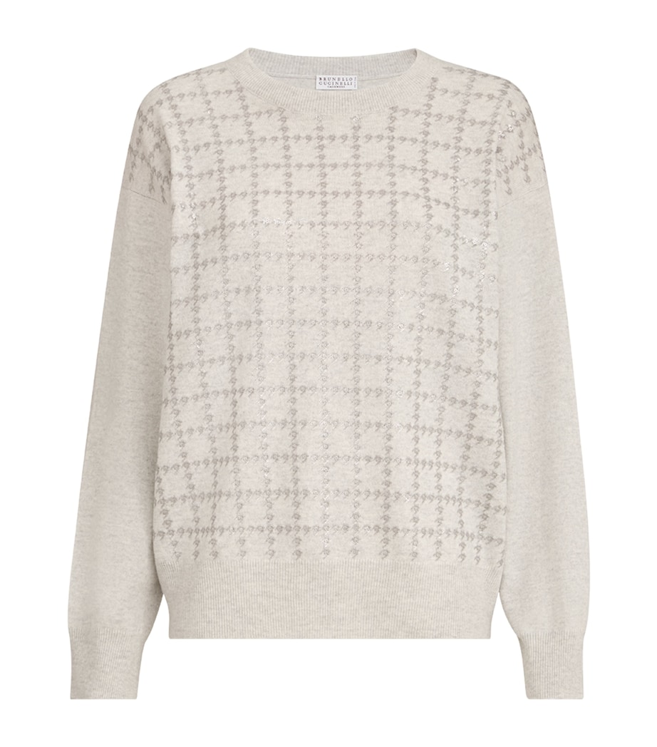 Brunello Cucinelli Womens Cashmere Sequin-Houndstooth Sweater Nebbia Image 1