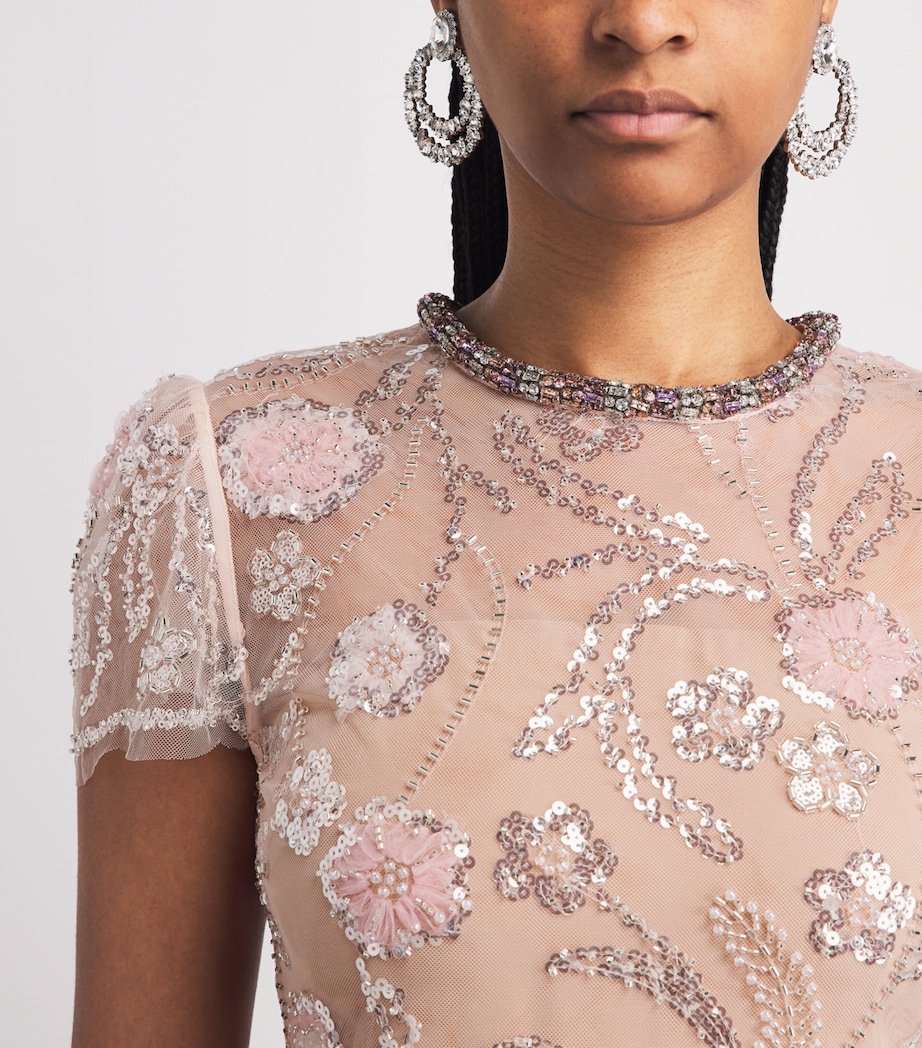 Self-Portrait Womens Sequinned Flower Midi Dress Pink Image 3