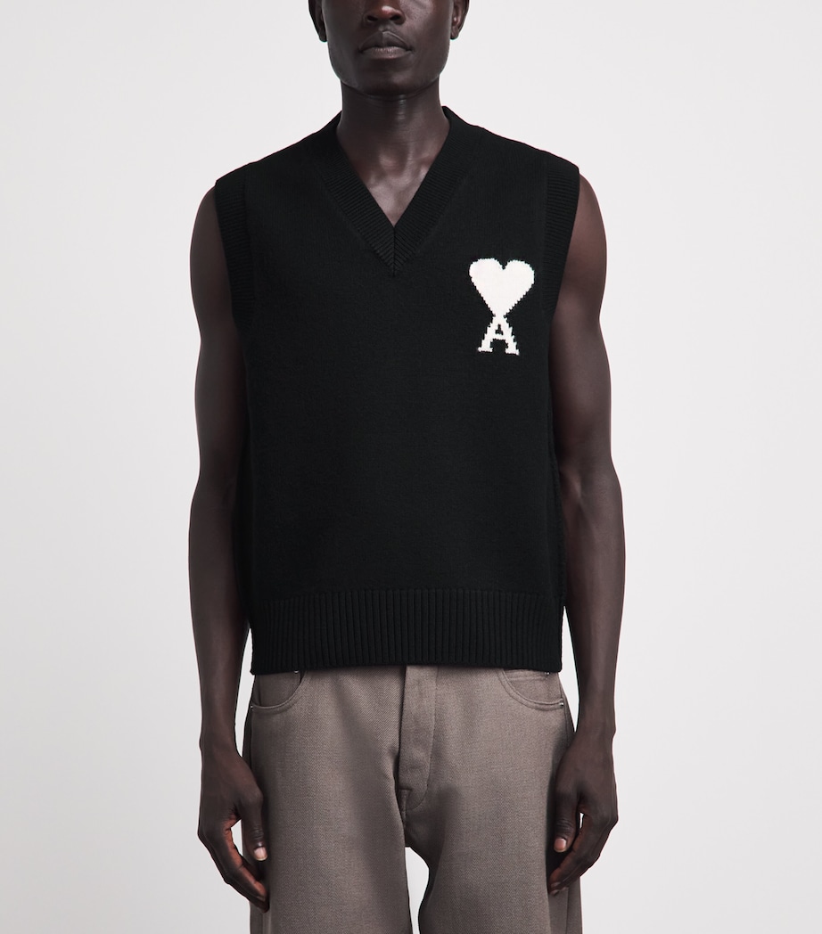 AMI Paris Mens Wool Logo Sweater Vest Noir/ecru Image 4