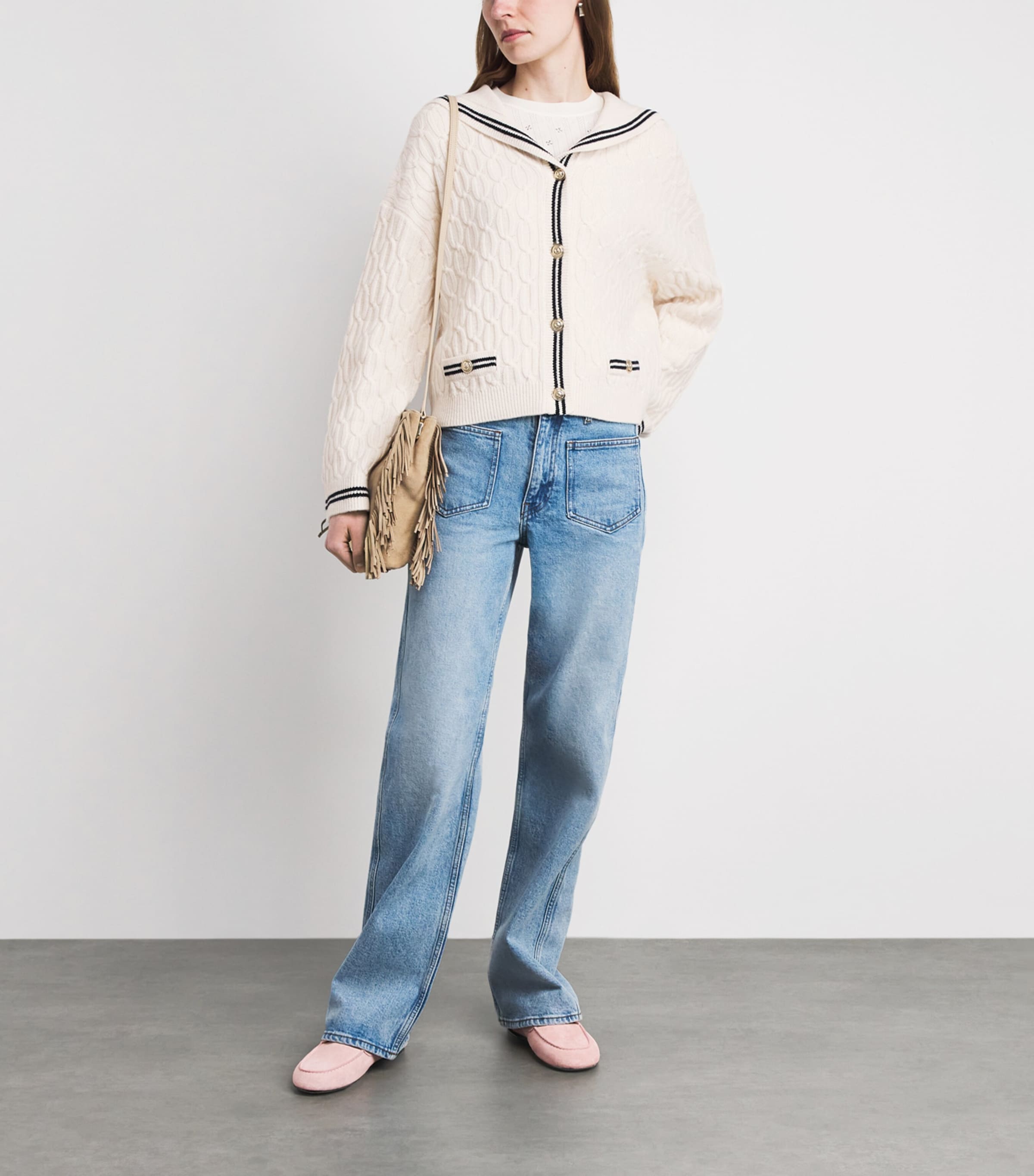 Maje Womens Wool Cable-knit Boat-Neck Cardigan Ecru Image 2